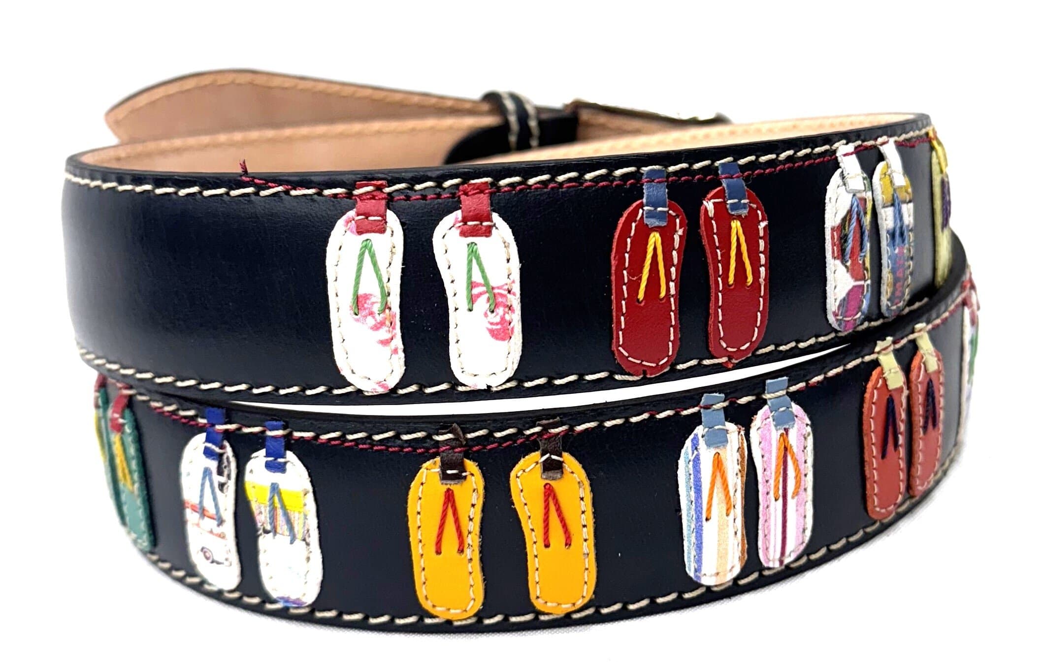 Cintura vintage uomo in vera pelle HAITI, colore base BLU, con infradito cucite a mano in pelle, con applicazioni in pelle, SANTINI, Made in Italy
