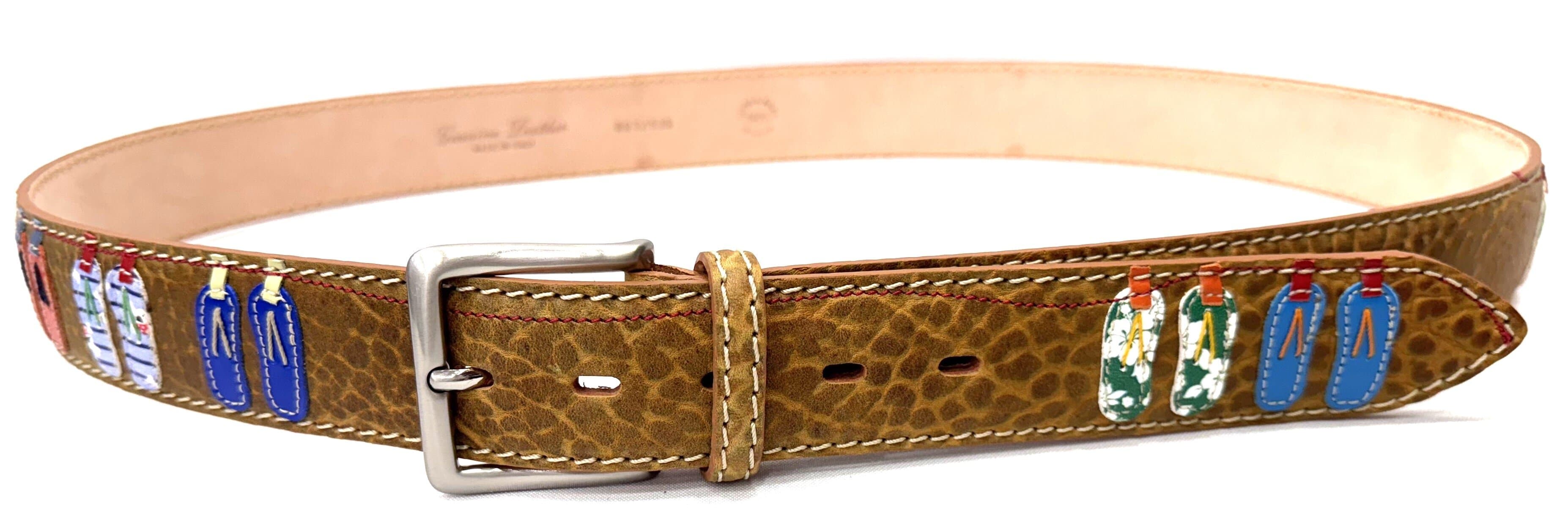 Cintura vintage uomo in vera pelle HAITI, colore base MARRONE, con infradito cucite a mano in pelle, con applicazioni in pelle, SANTINI, Made in Italy (