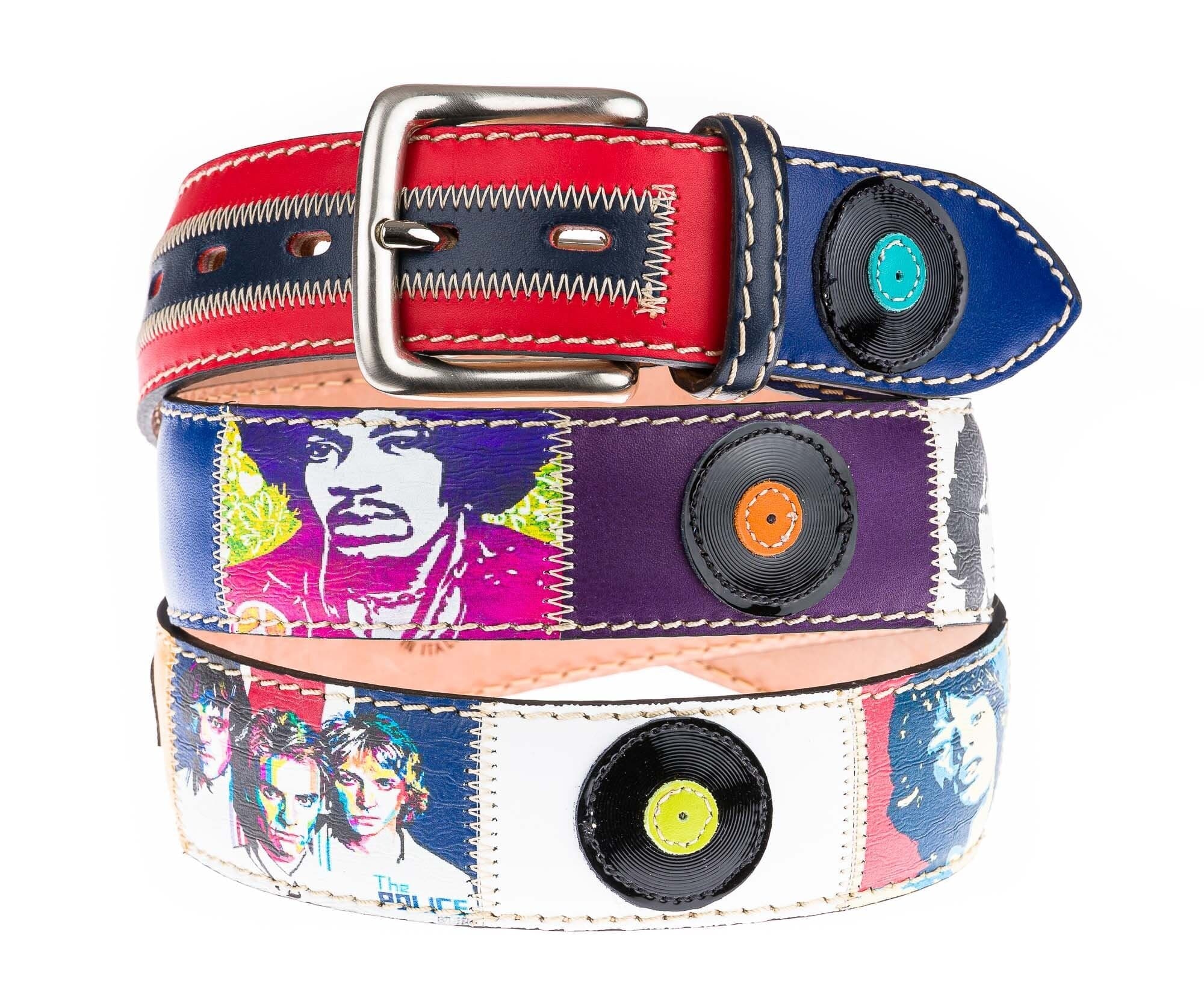 Cintura vintage uomo in vera pelle KINGSTON DISCO MUSIC, colore MULTICOLOR, anni '60 con dettagli musicali cuciti a mano in pelle, con applicazioni in pelle, SANTINI, Made in Italy