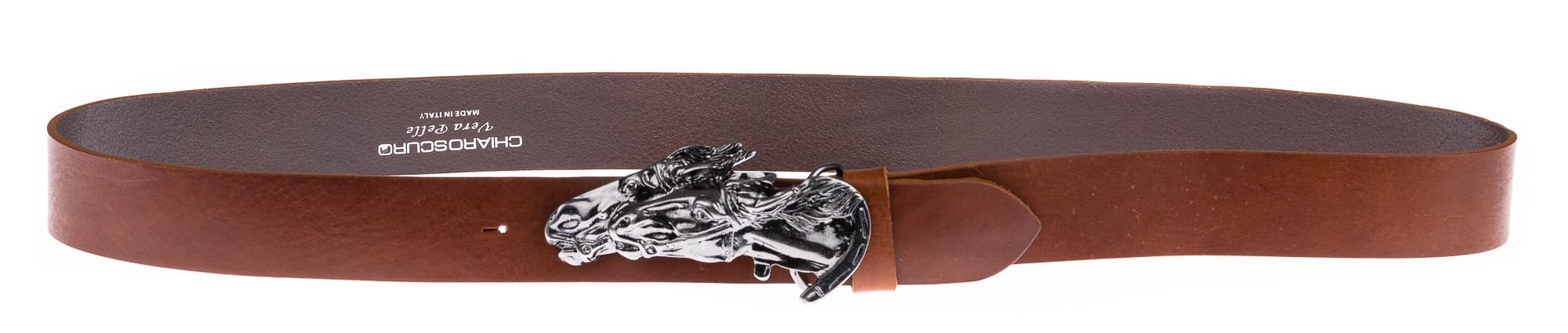 Cintura uomo in vera pelle CHIAROSCURO mod. GENOVA colore MARRONE, fibbia speciale con profilo testa di cavallo, versione brunito, Made in Italy