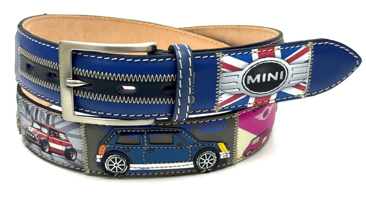 Cintura vintage uomo in vera pelle NEWCASTLE, colore MULTICOLOR, cucite a mano in pelle, con applicazioni auto MINI COOPER in pelle, SANTINI, Made in Italy