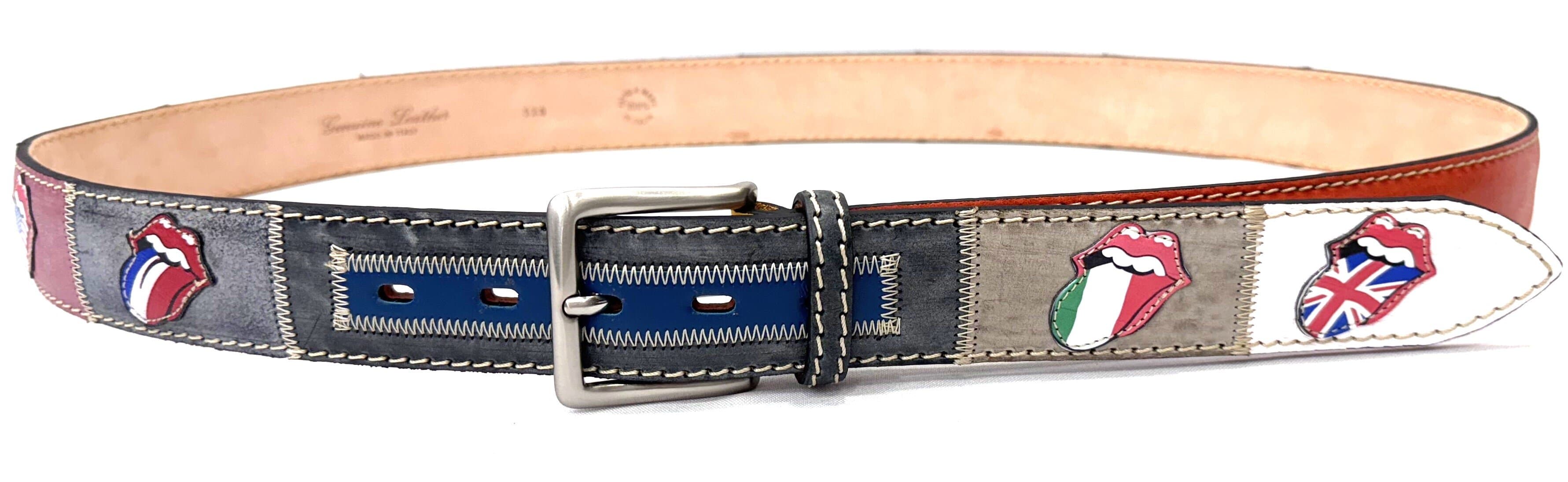Cintura uomo in vera pelle ROLLING STONES TONGUE MICK with FLAGS, colore MULTICOLOR, con bocche e bandiere nazioni cucite a mano in pelle, con applicazioni in pelle, SANTINI, Made in Italy