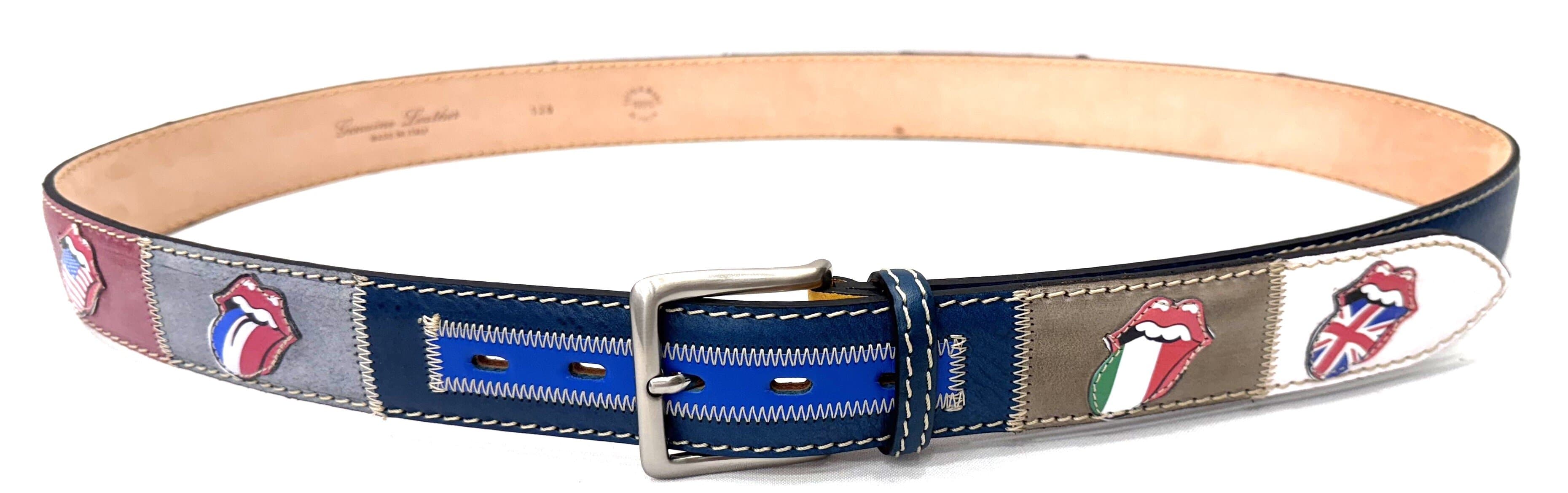 Cintura uomo in vera pelle ROLLING STONES TONGUE MICK with FLAGS, colore MULTICOLOR, con bocche e bandiere nazioni cucite a mano in pelle, con applicazioni in pelle, SANTINI, Made in Italy