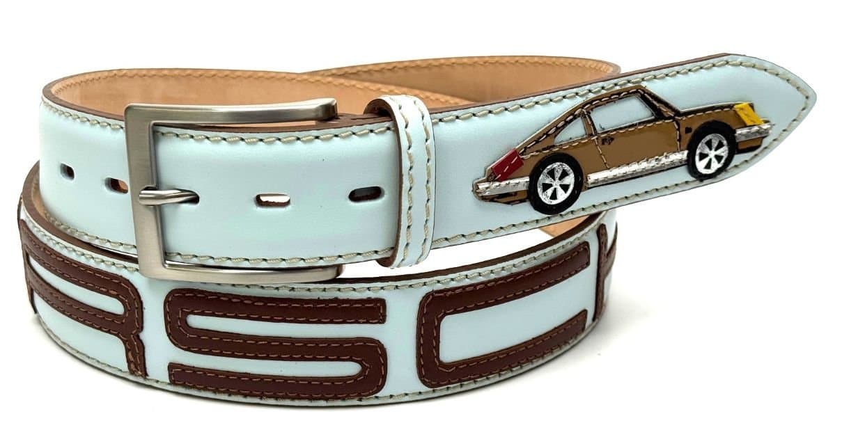 Cintura vintage uomo in vera pelle STOCCARDA, colore AZZURRO / MULTICOLOR, cucite a mano in pelle, con applicazioni in pelle, SANTINI, Made in Italy