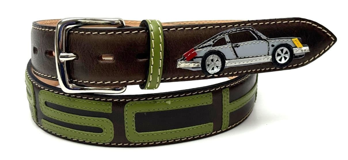 Cintura vintage uomo in vera pelle STOCCARDA, colore MARRONE / MULTICOLOR, con Porsche 911 cucite a mano in pelle, con applicazioni in pelle, SANTINI, Made in Italy
