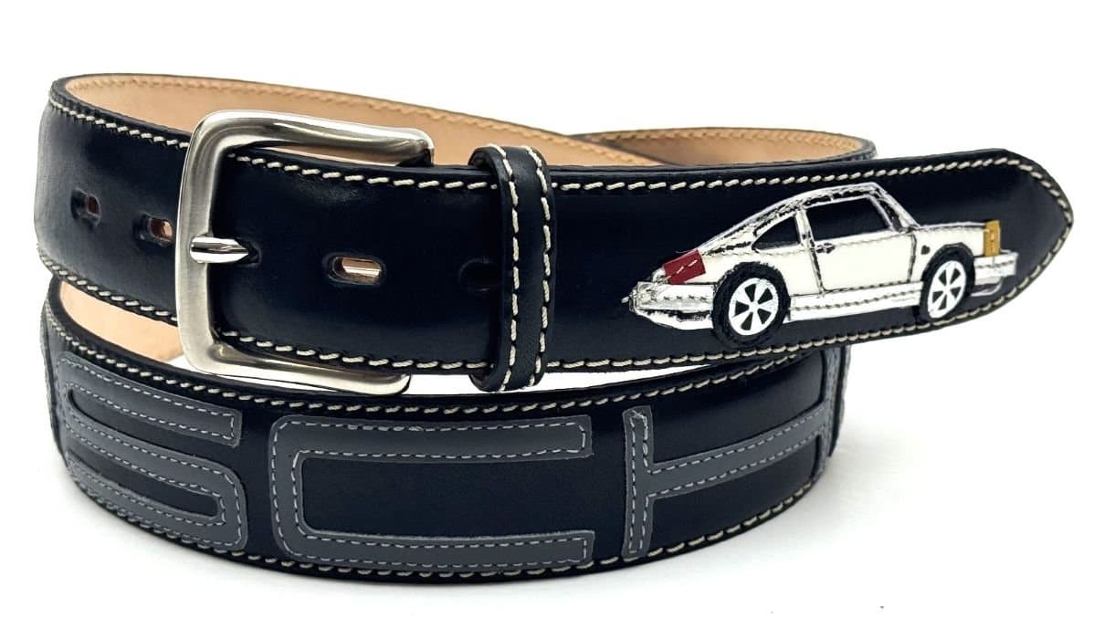 Cintura vintage uomo in vera pelle STOCCARDA, colore NERO/ MULTICOLOR, cucite a mano in pelle, con applicazioni in pelle, SANTINI, Made in Italy