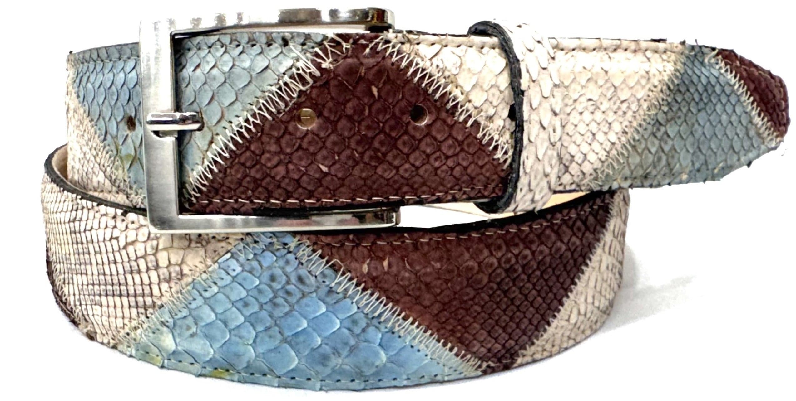 Cintura uomo TRIPOLI C46, vera pelle di pitone, MARRONE/AZZURRO/BEIGE CITES, CHIAROSCURO, Made in Italy