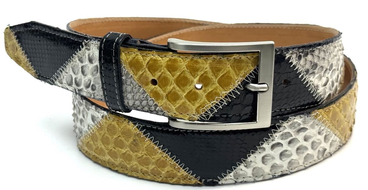 Cintura uomo TRIPOLI C47, vera pelle di pitone, GIALLO/TESTA DI MORO/BEIGE CITES, CHIAROSCURO, Made in Italy.