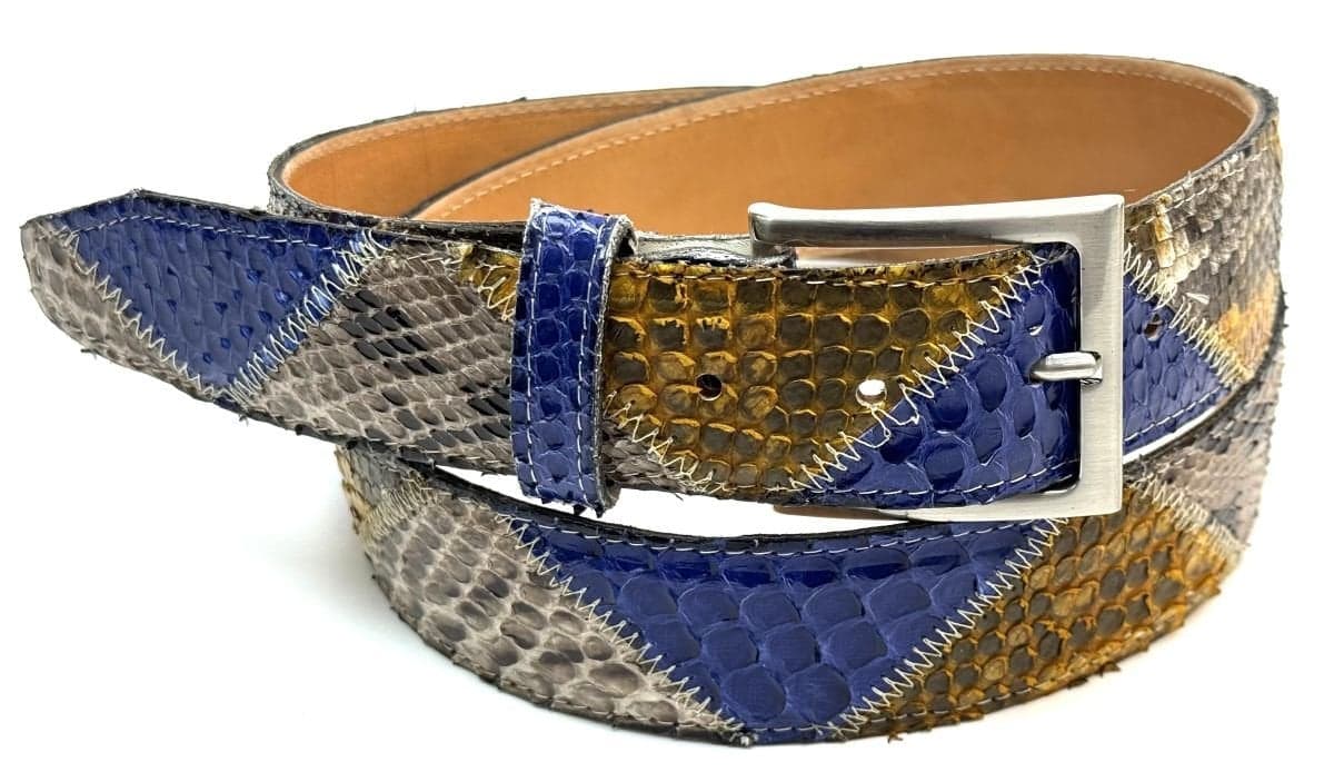 Cintura uomo TRIPOLI C52,vera pelle pitone, BLU/ROCCIA/GIALLO, CITES CHIAROSCURO, Made in Italy