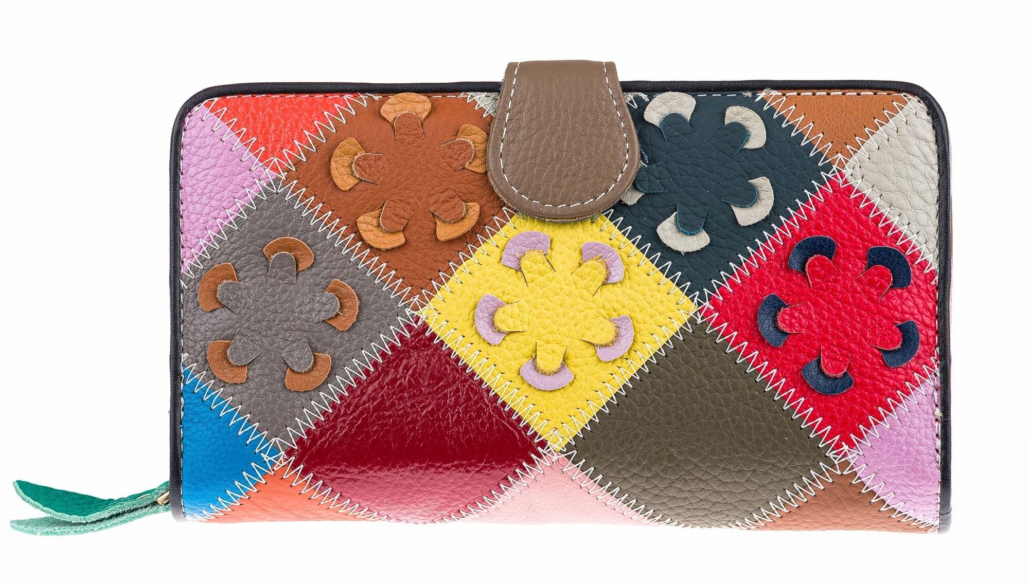 DALIA : portafoglio da donna in vera pelle lavorato con fiori, colore : MULTICOLOR, Made in Italy.