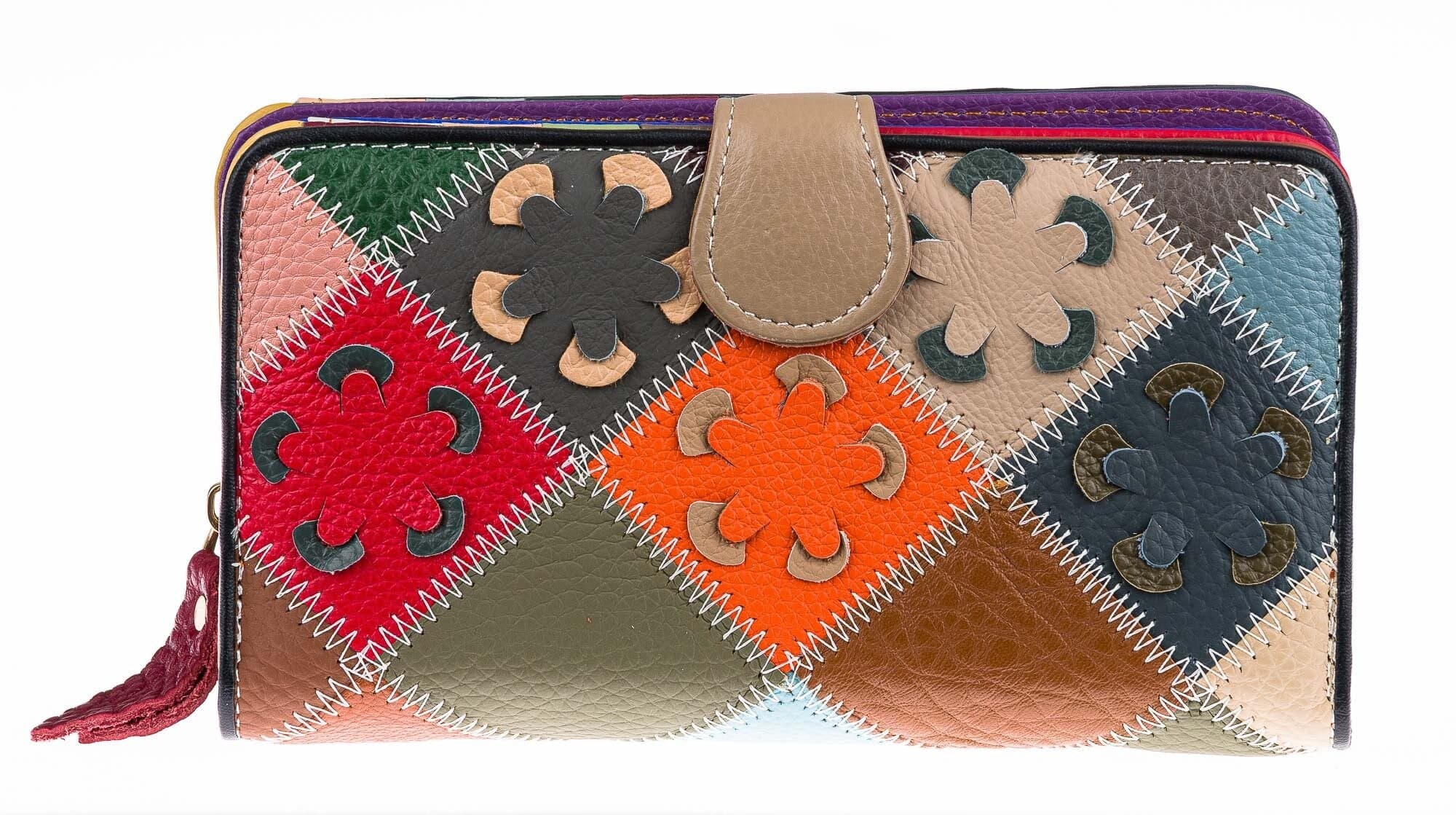 DALIA : portafoglioda donna in vera pelle, lavorato con fiori, colore : MULTICOLOR, Made in Italy