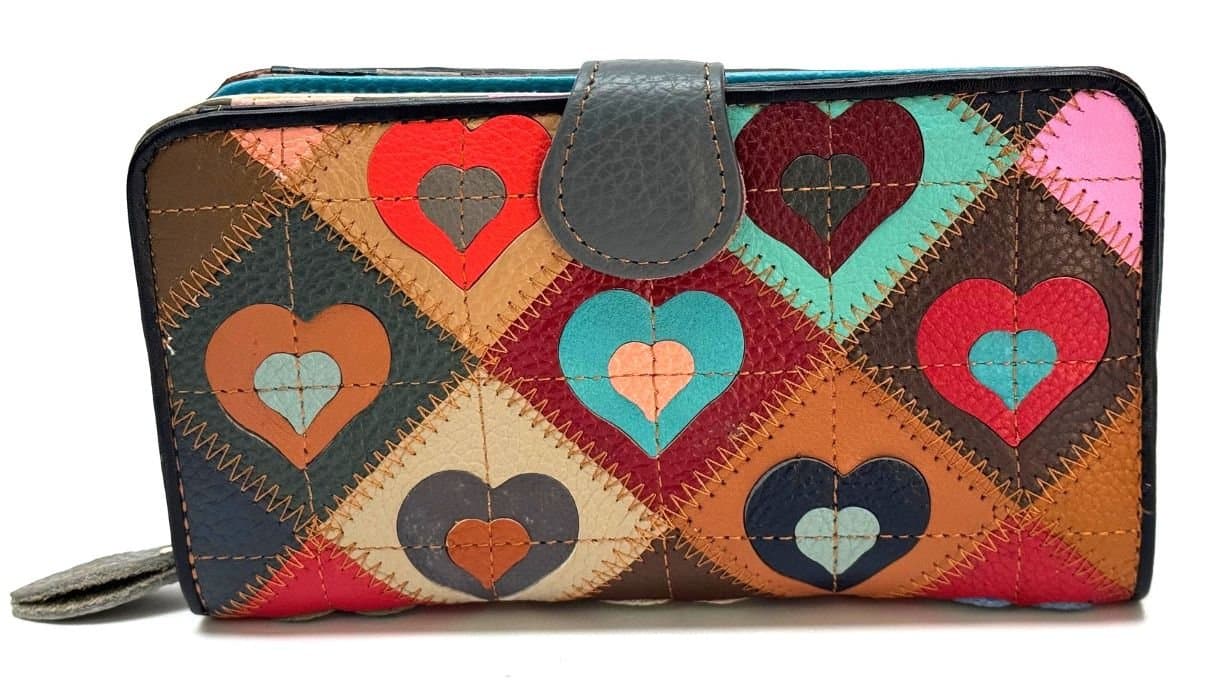 DAHLIA : portafoglio da donna in vera pelle, lavorato con cuori, colore : MULTICOLOR / RANDOM, Made in Italy