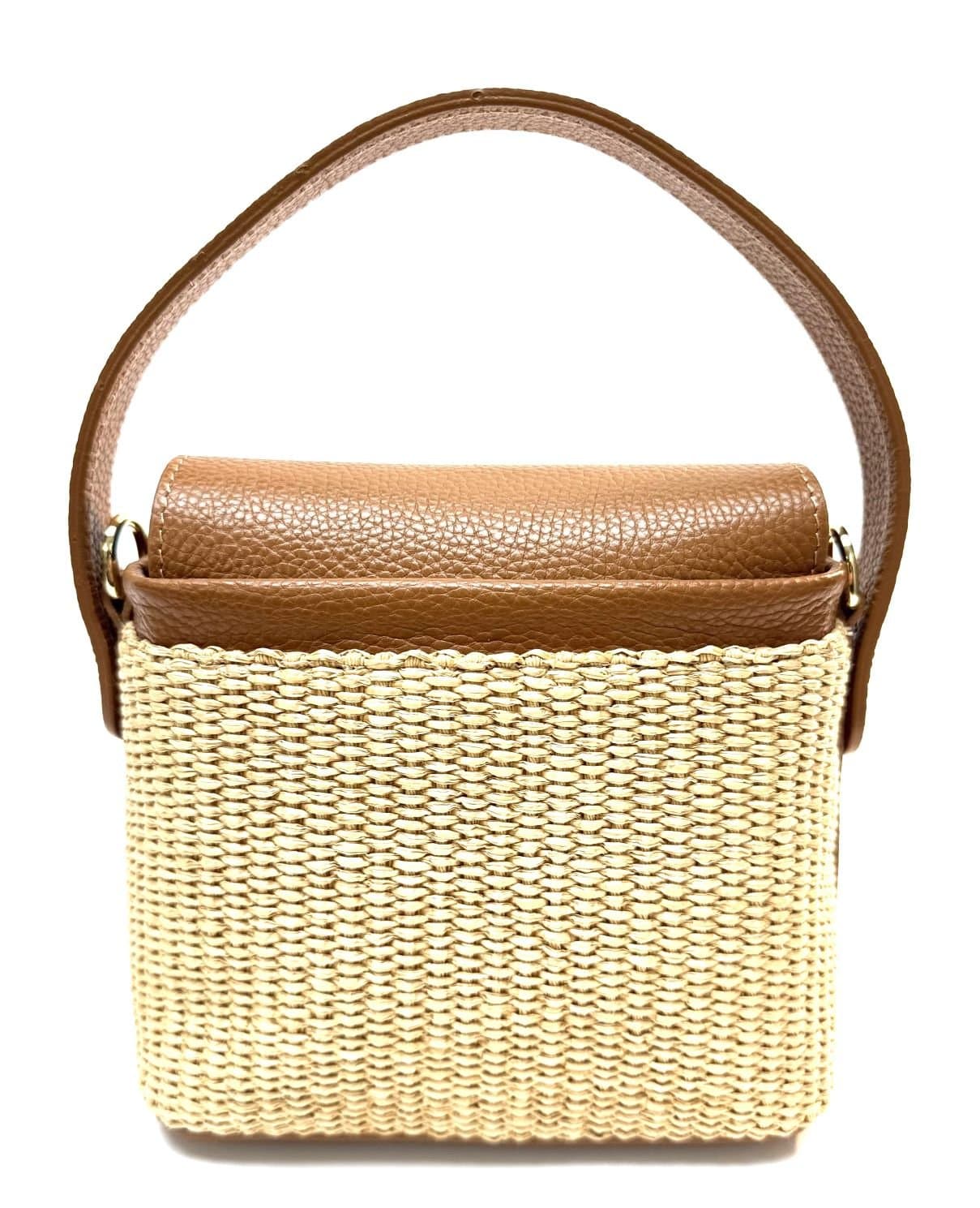 Borsa small a mano / a tracolla da donna in vera pelle / rafia DEBORA, colore MARRONE CHIAROSCURO, Made in Italy
