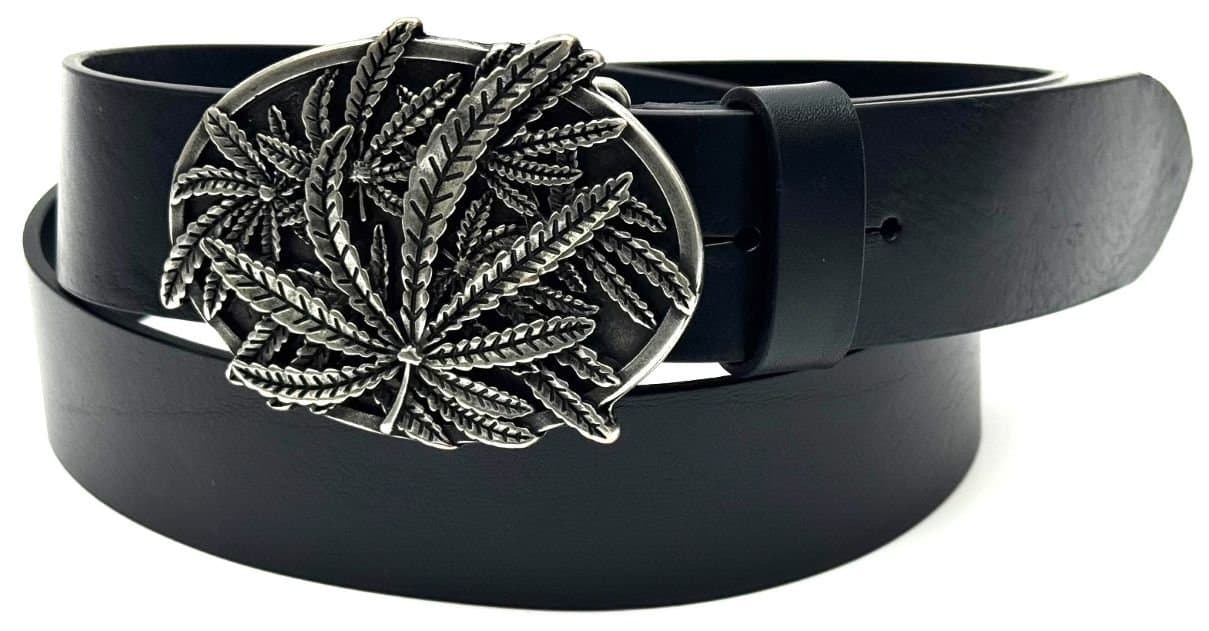 Cintura in vera pelle da uomo DENVER - PALME, colore NERO, fibbia speciale, CHIAROSCURO, Made in Italy