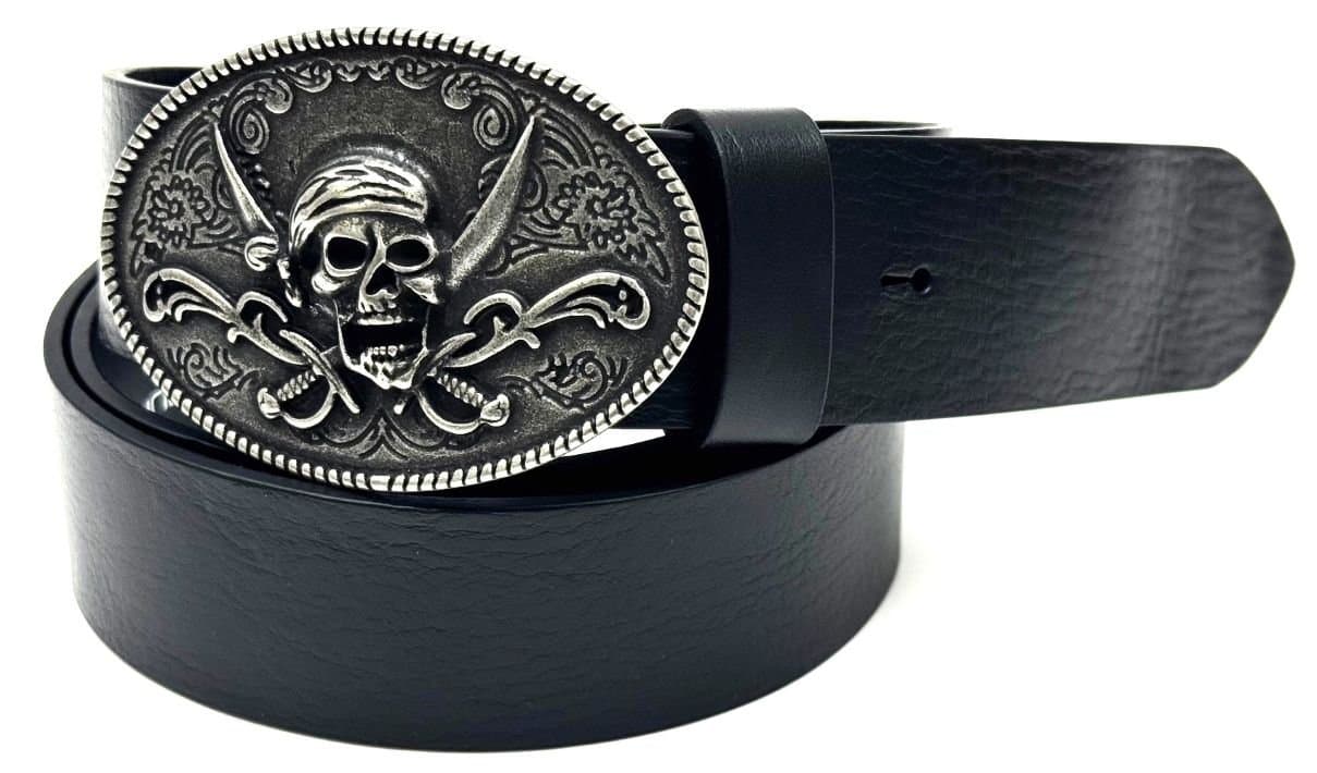 Cintura in vera pelle da uomo DENVER - TESCHIO PIRATA, colore NERO, fibbia speciale, CHIAROSCURO, Made in Italy