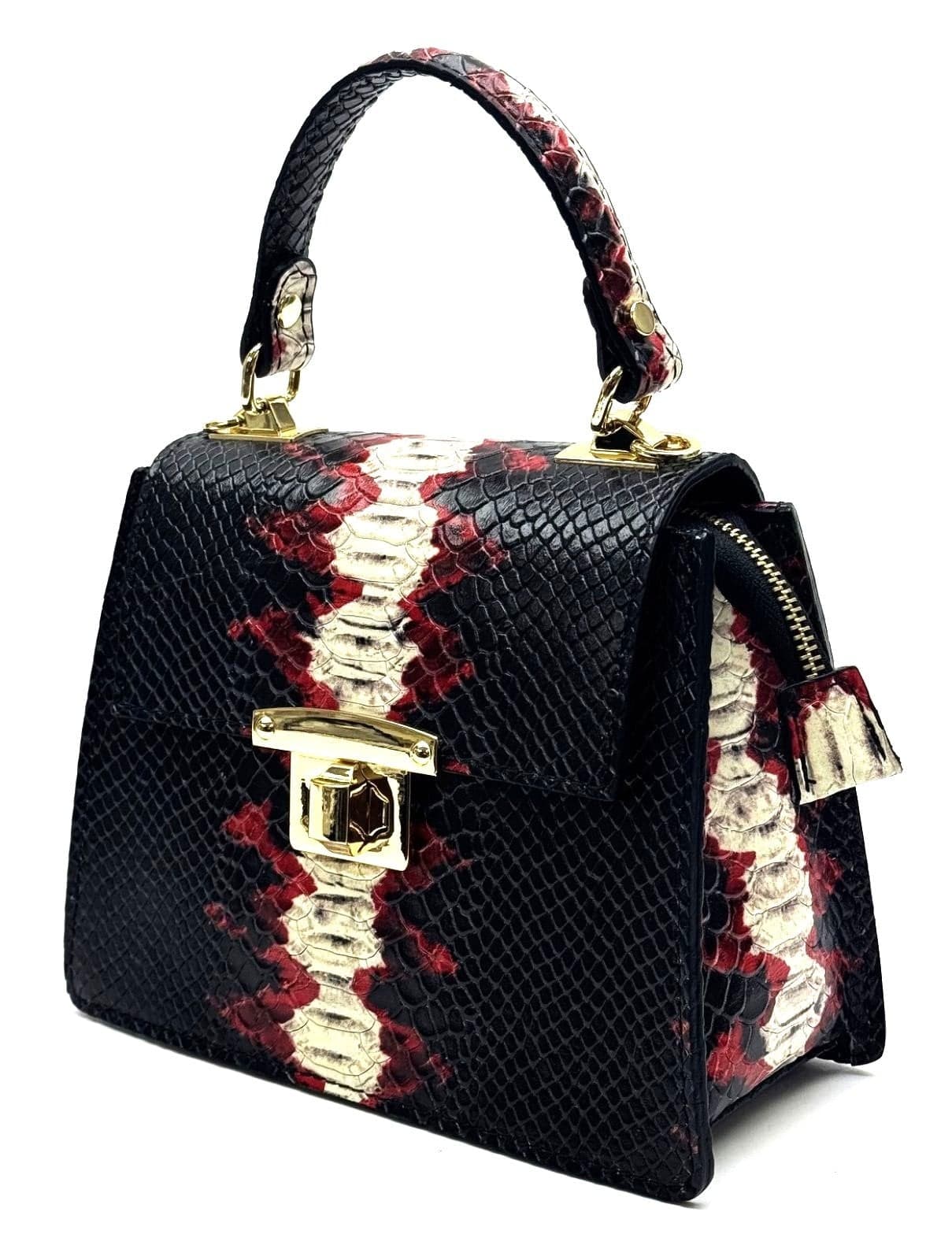 Borsa piccola a mano / a tracolla da donna in vera pelle EVELINA, colore NERO/ROSSO, CHIAROSCURO, Made in Italy
