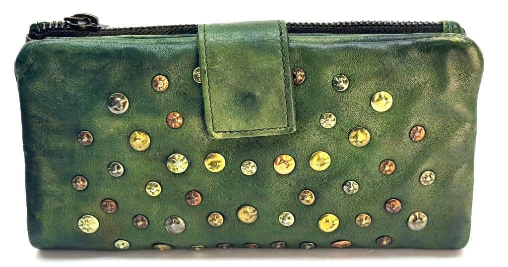 GABICCE2: portafoglio in vera pelle tamponata di alta qualità realizzato artigianalmente, colore VERDE, Chiaroscuro Made in Italy.