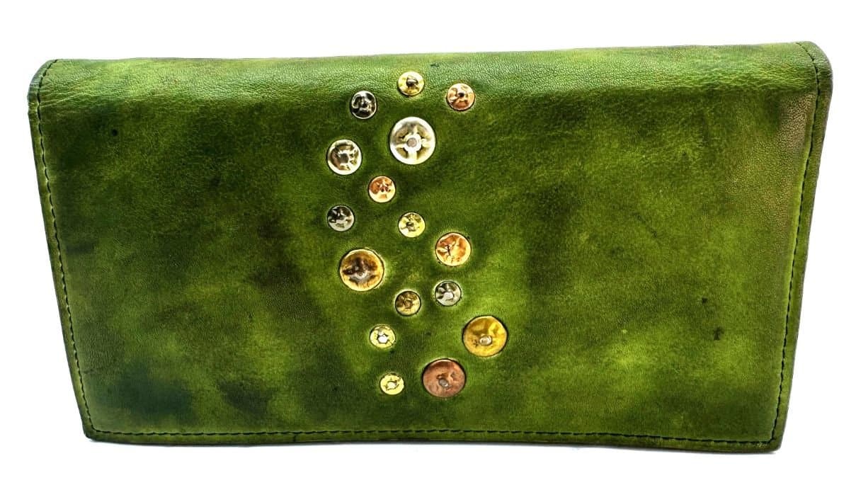 GABICCE3: portafoglio in vera pelle tamponata di alta qualità realizzato artigianalmente, colore VERDE, Chiaroscuro Made in Italy