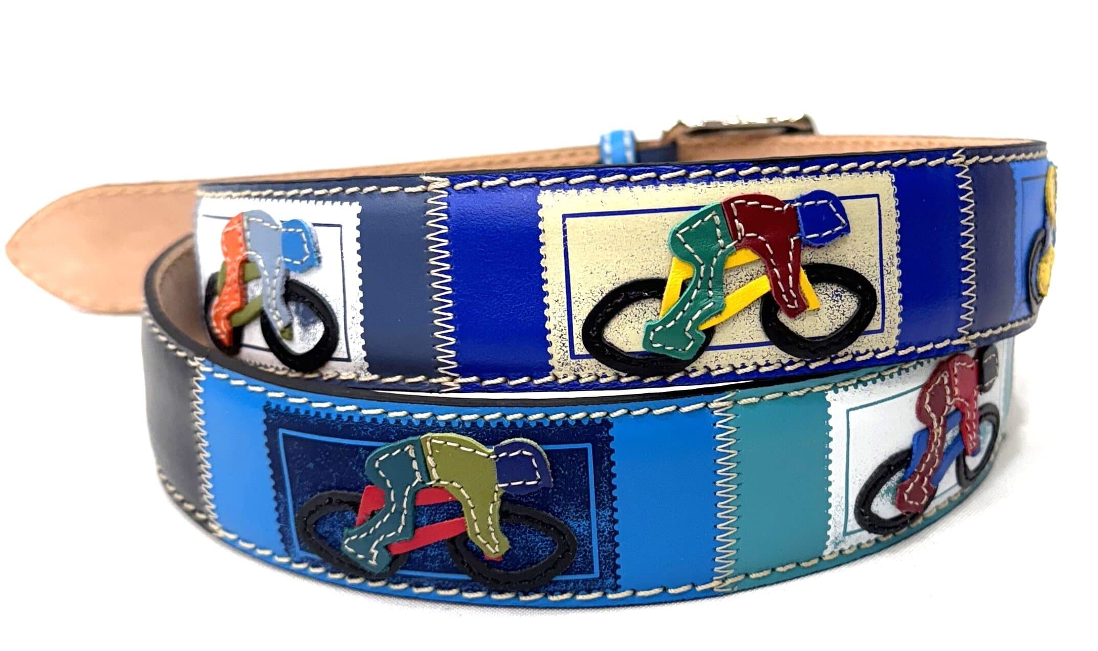 GALIBIER: cintura vintage uomo in cuoio, colore : MULTICOLOR, tema fantasia bicicletta da corsa BICI, ciclista bici da corsa cucite a mano, con applicazioni in pelle, Made in Italy