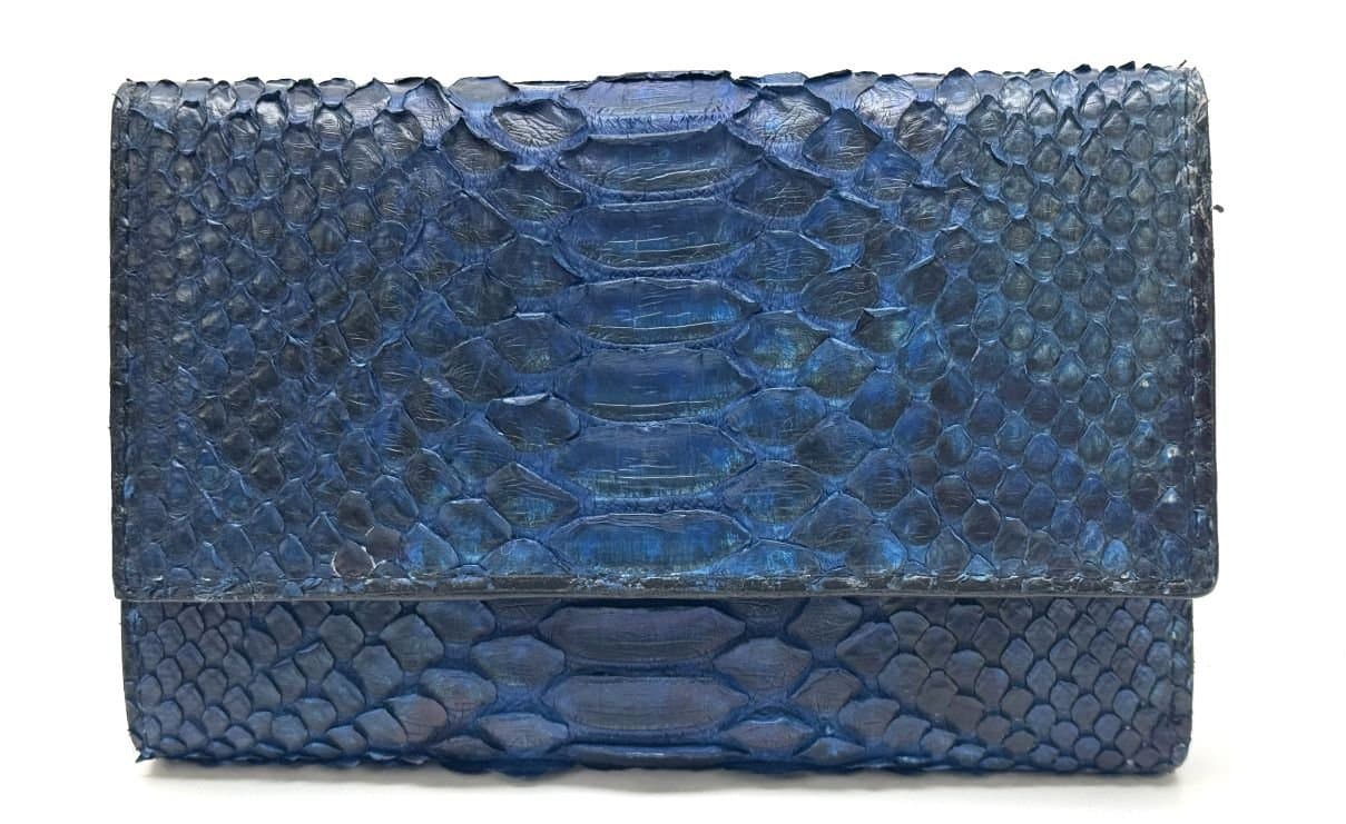 Genuine python skin wallet for woman GERBERA, CITES, BLUE colour, SANTINI, MADE IN ITALY