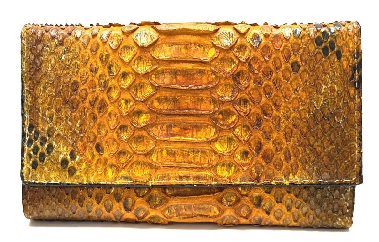 Genuine python skin wallet for woman GERBERA, CITES, YELLOW colour, SANTINI, MADE IN ITALY