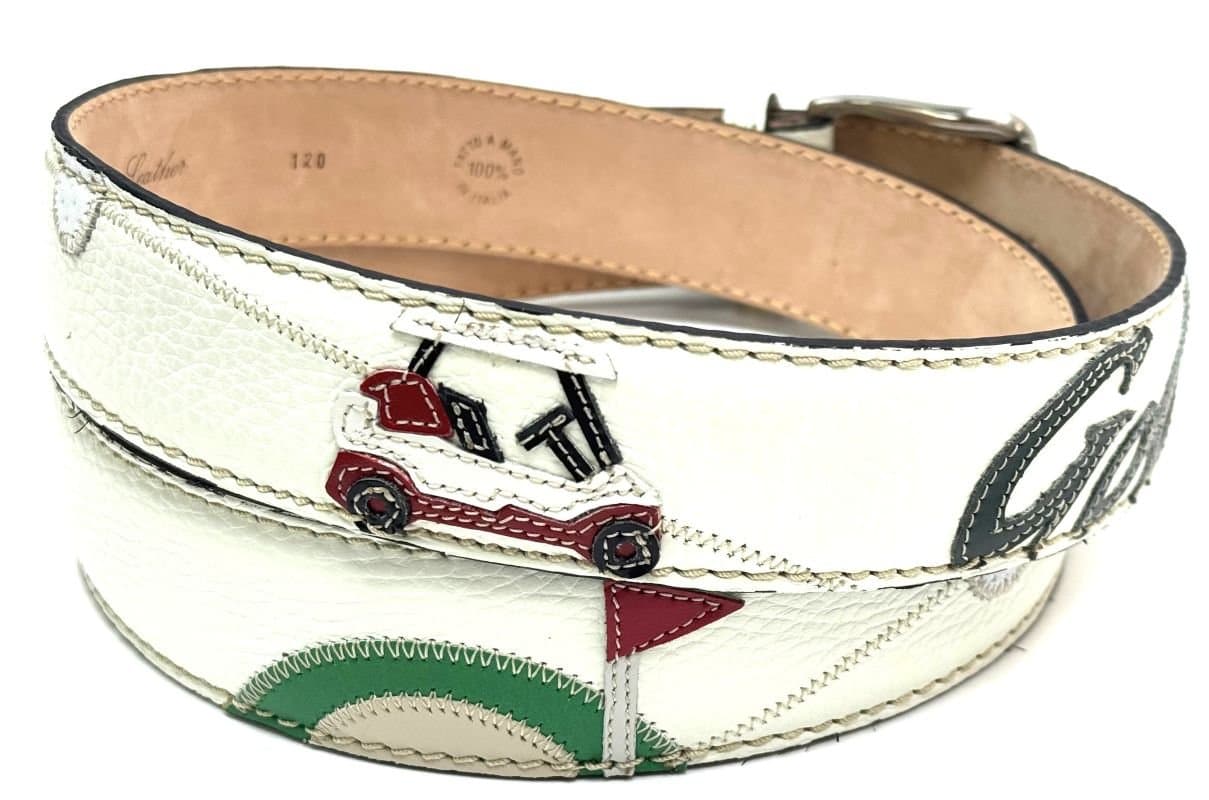 GOLF BELT: cintura uomo in cuoio, colore : MULTICOLOR, tema fantasia Golf, cucite a mano, con applicazioni in pelle, Made in Italy