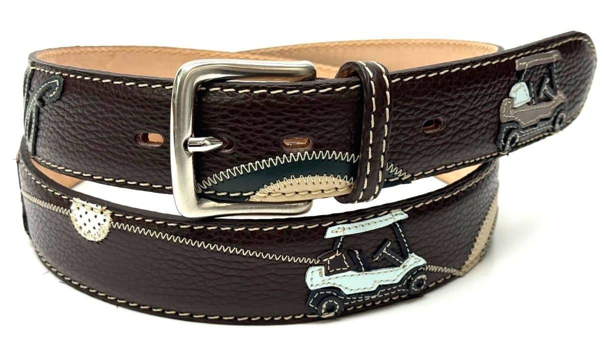 GOLF BELT: Винтажный мужской ремень, из кожи, цвет: ТЕМНО КОРИЧНЕВЫЙ / МУЛЬТИКОЛОР изготовлен в Италии