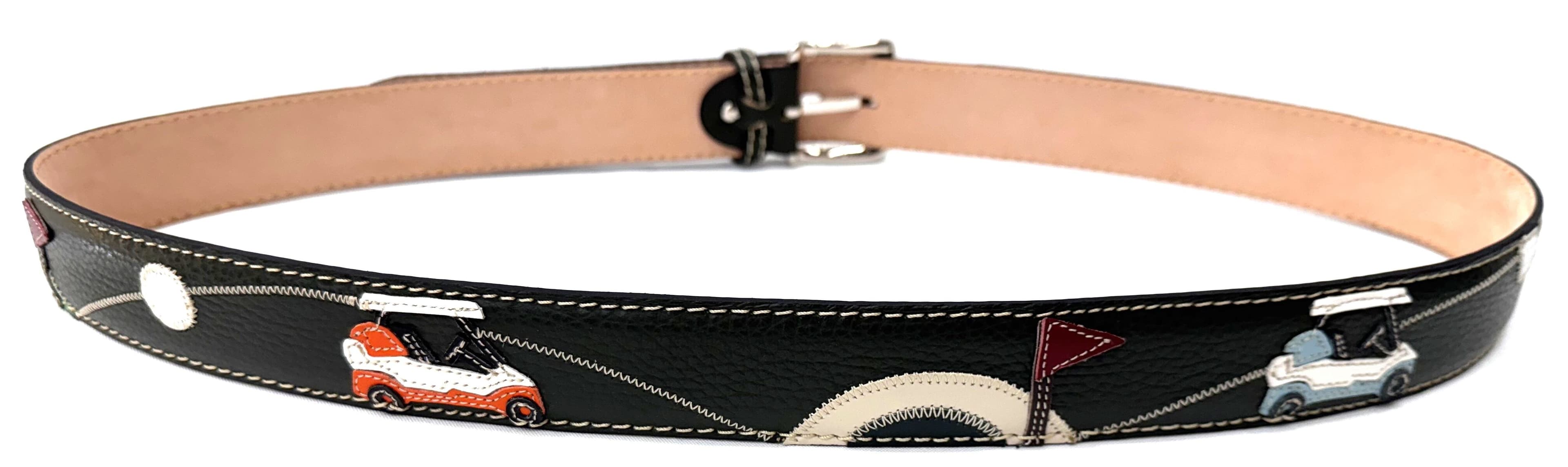GOLF BELT CART: cintura uomo in cuoio, colore : VERDE / MULTICOLOR, tema fantasia Golf, Made in Italy