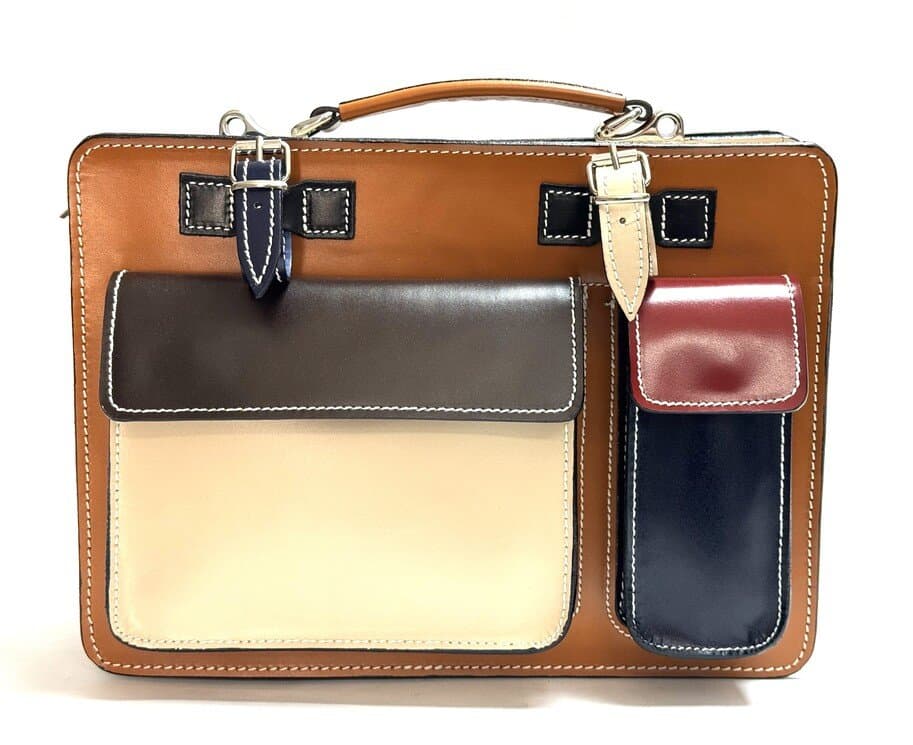 Borsa unisex in vera pelle ELVI MEDIUM, colore, MULTICOLORE, colore base CUOIO, Made in Italy. Misura ideale per tablet di media dimensione/ agende di lavoro.