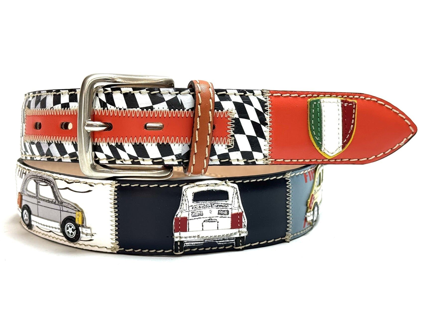 Cintura vintage uomo in vera pelle MIRAFIORI, C51, colore MULTICOLOR, cucite a mano in pelle, con applicazioni macchine pelle, SANTINI, Made in Italy