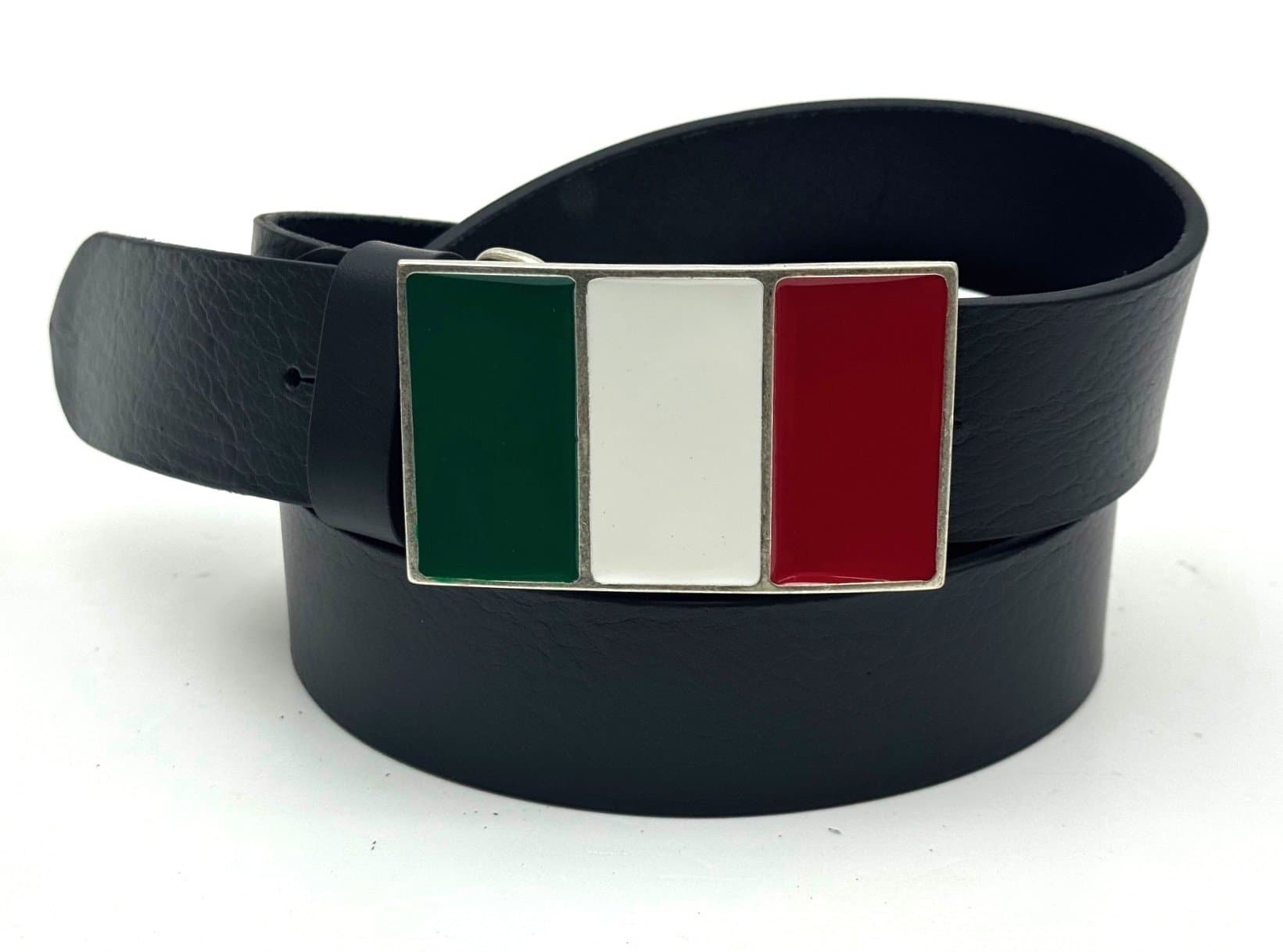 Cintura uomo in vera pelle CHIAROSCURO mod. GENOVA - BANDIERA ITALIA, colore NERO, fibbia speciale, Made in Italy