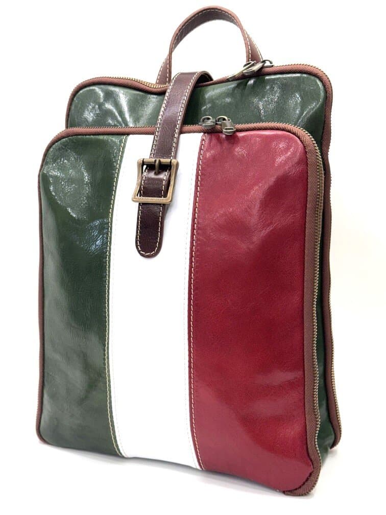 Borsa zaino donna in vera pelle MONTE COLOMBINE, TRICOLORE BANDIERA ITALIANA, VERDE/BIANCO/ROSSO, CHIAROSCURO, Made in Italy