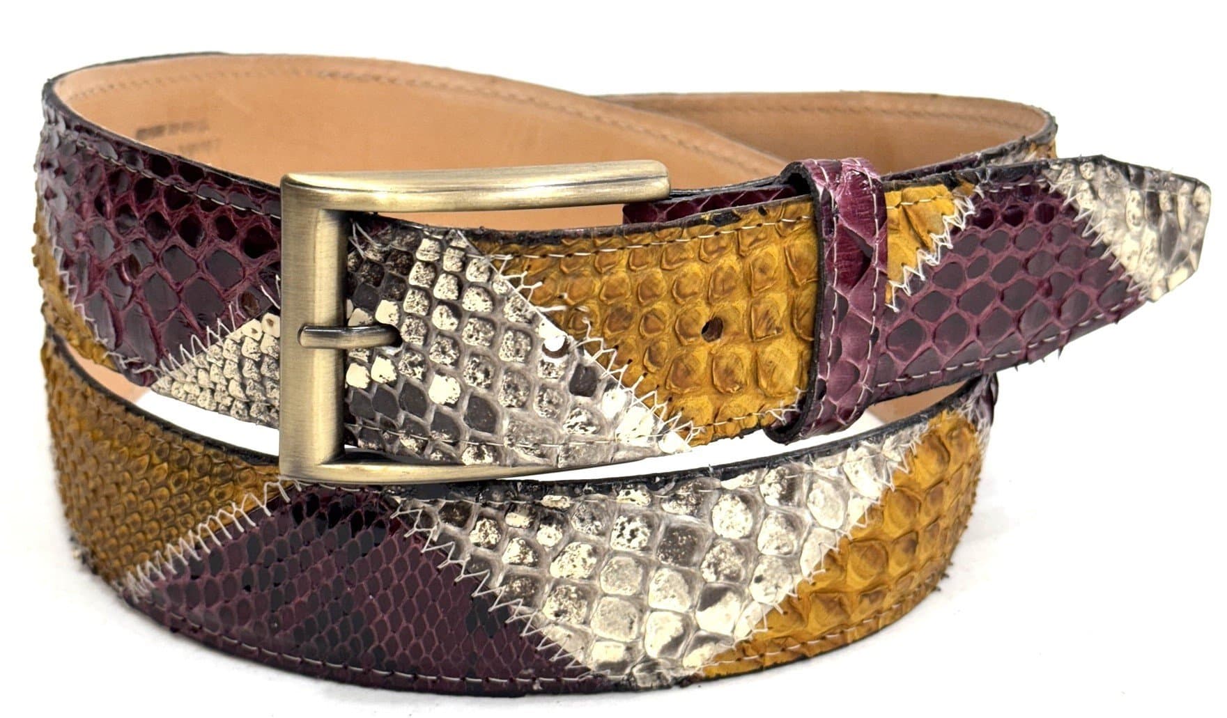 Cintura uomo TRIPOLI C41, vera pelle di pitone, BORDEAUX / GIALLO / ROCCIA, CITES, CHIAROSCURO, Made in Italy