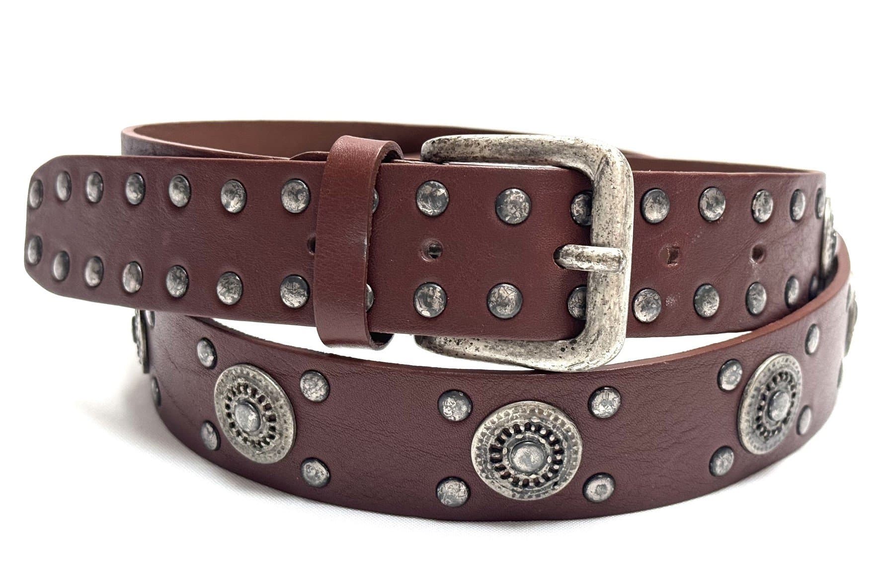 Cintura unisex in vera pelle ANGHIARI, colore MARRONE, con borchie, CHIAROSCURO, Made in Italy.