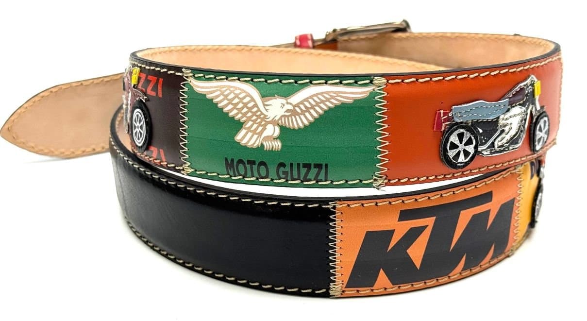 IMOLA: cintura vintage uomo in cuoio, colore : MULTICOLOR, cucite a mano, con applicazioni moto,in pelle, Made in Italy