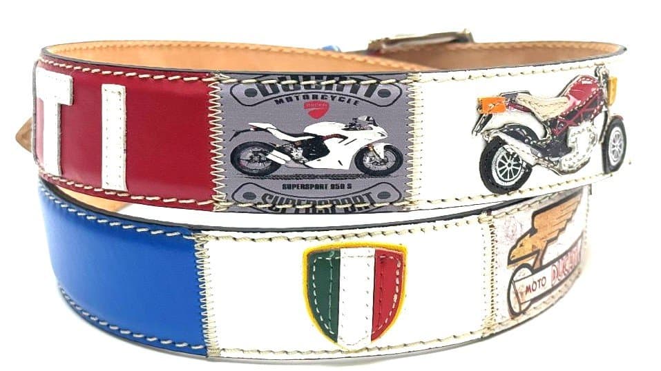 IMOLA: cintura vintage uomo in cuoio D40, colore : MULTICOLOR, cucite a mano, con applicazioni moto,in pelle, Made in Italy