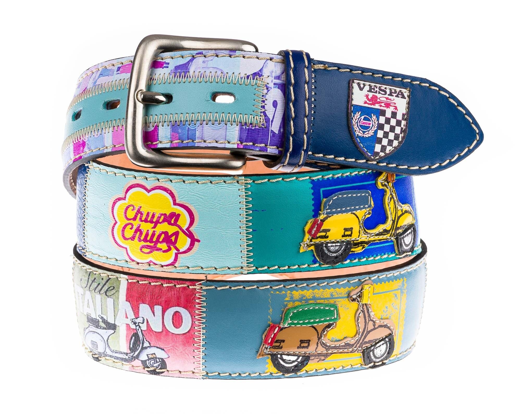 IMOLA: cintura vintage uomo in cuoio, colore : MULTICOLOR, tema fantasia MOTO / VESPA, cucite a mano, con applicazioni in pelle, Made in Italy