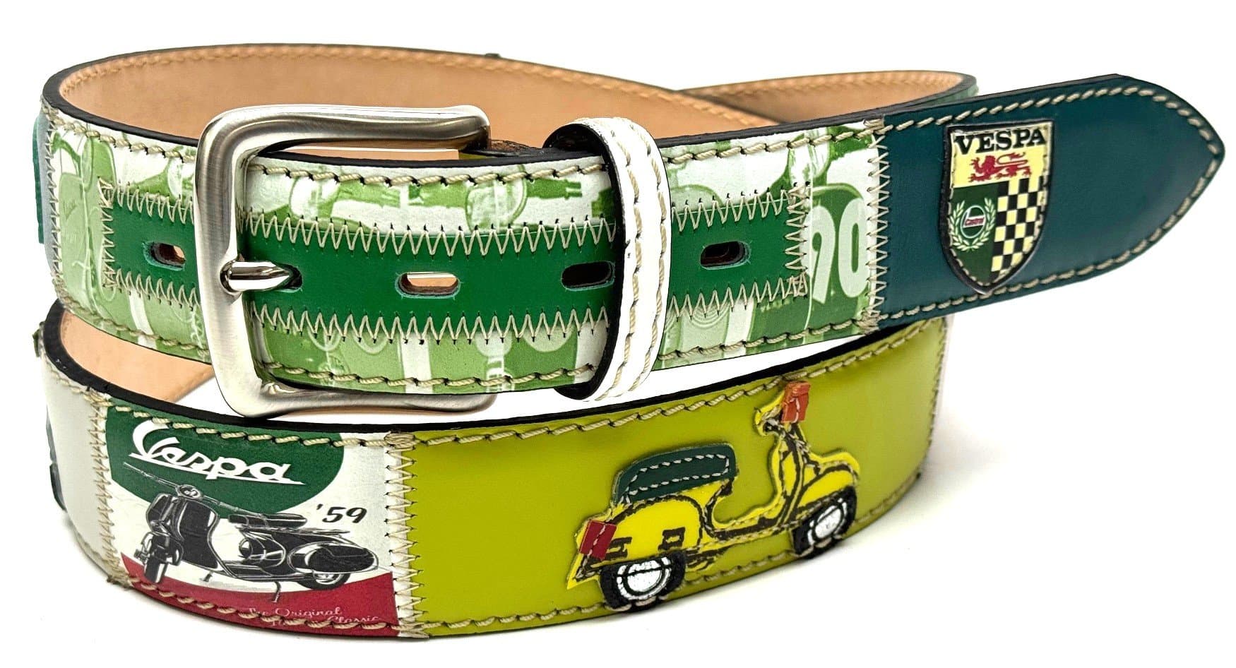 IMOLA: cintura vintage uomo in cuoio V25, colore : MULTICOLOR, tema fantasia MOTO / VESPA, cucite a mano, con applicazioni in pelle, Made in Italy (Cintura)