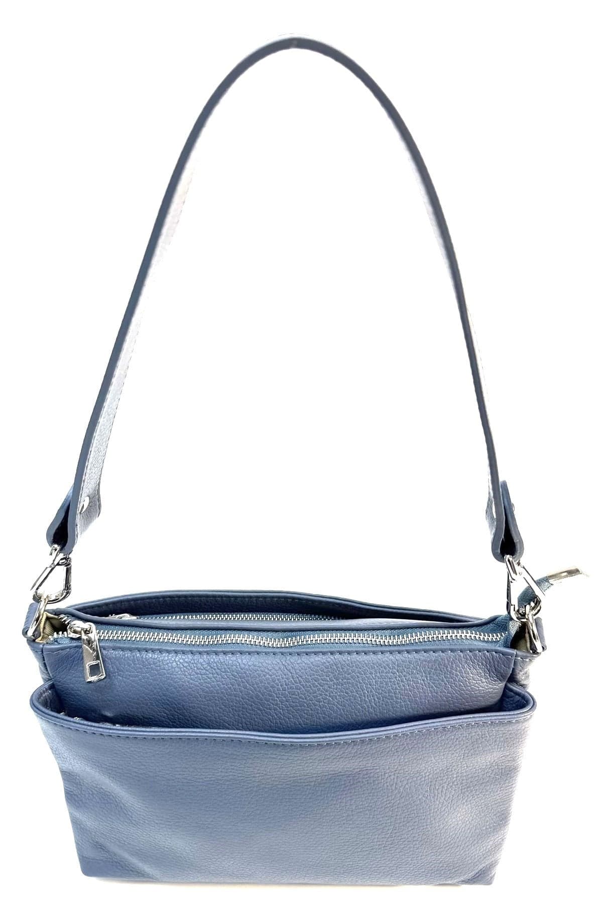 Borsa a spalla / tracolla da donna in vera pelle MAGDA, colore AZZURRO, CHIAROSCURO, Made in Italy