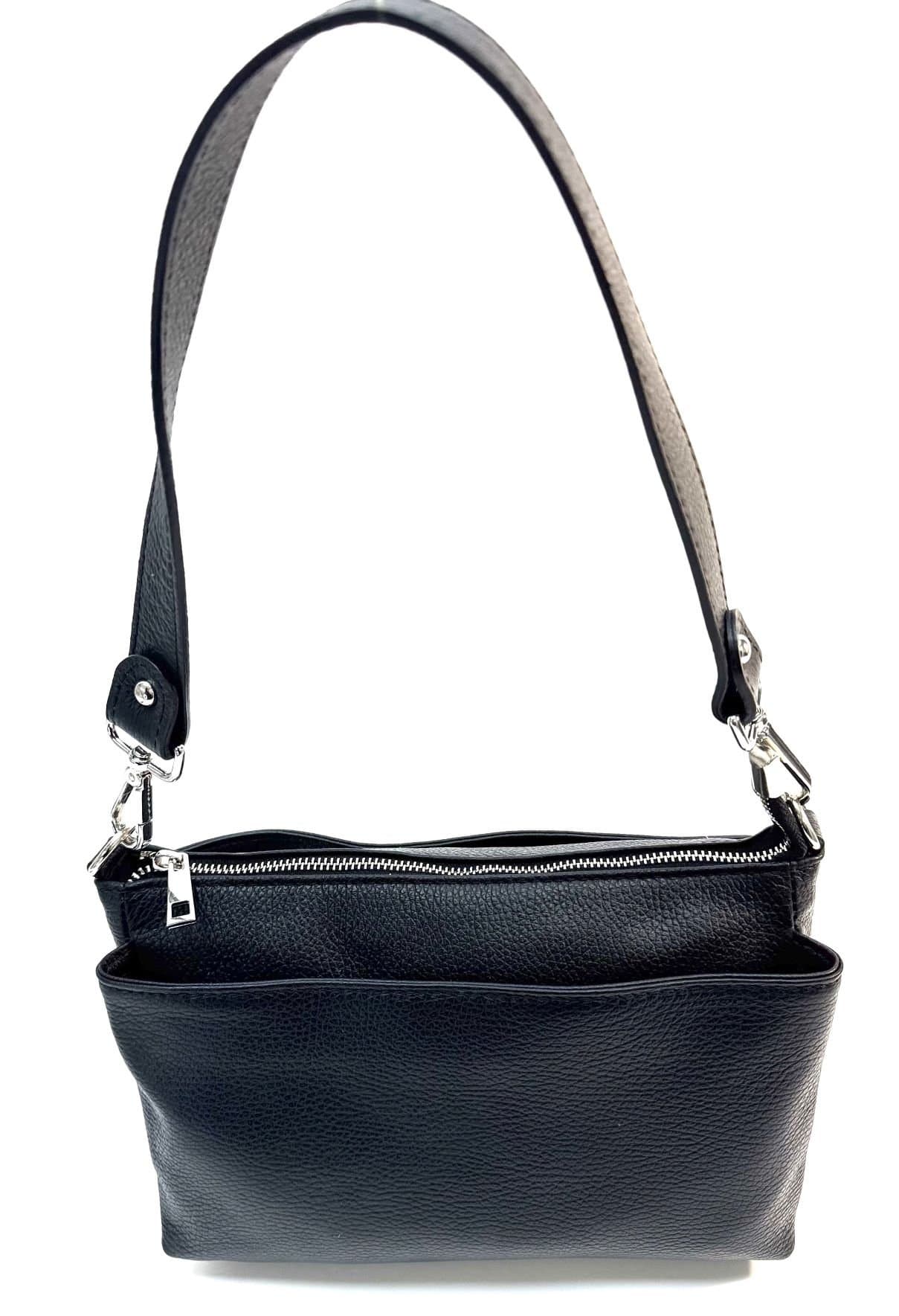 Borsa a spalla / tracolla da donna in vera pelle MAGDA, colore NERO, CHIAROSCURO, Made in Italy