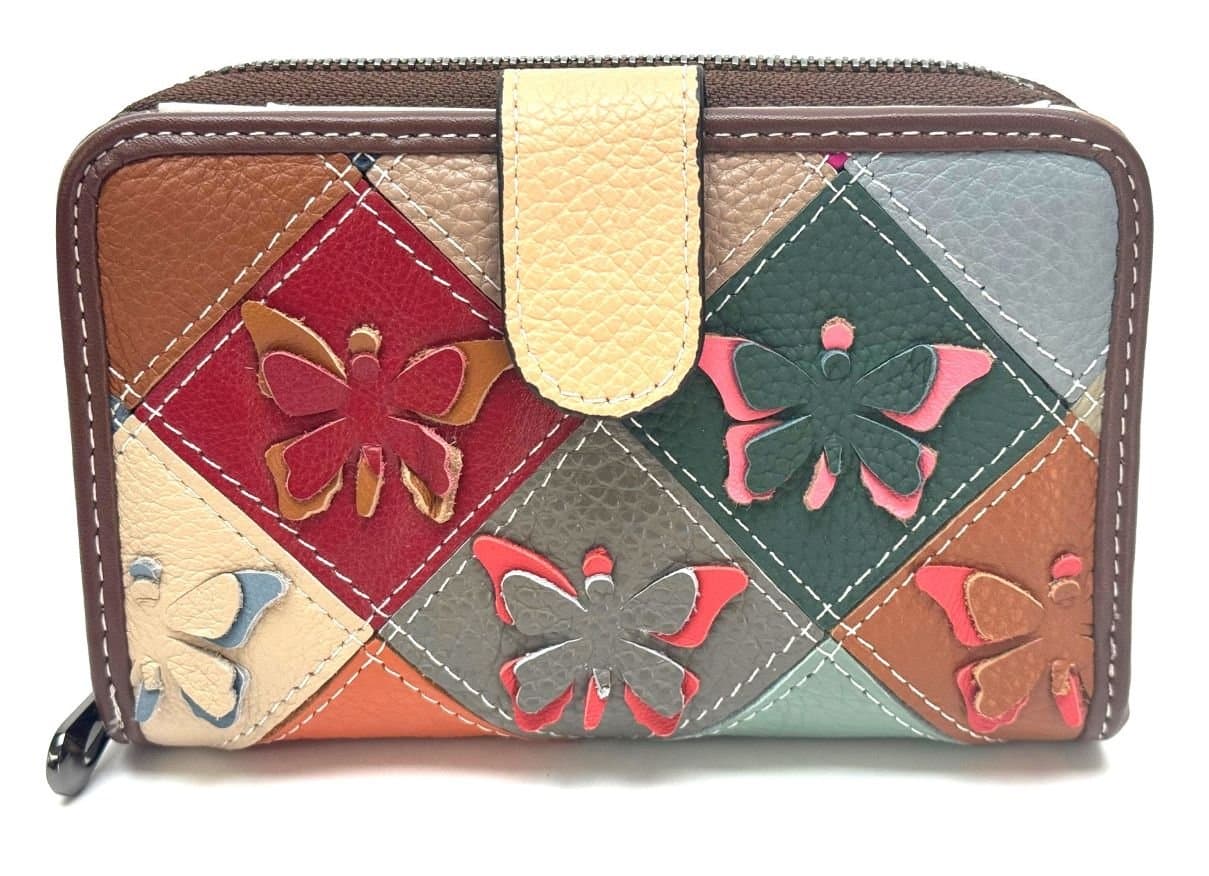 MILTONIA: portafoglio da donna in vera pelle, design con farfalle , colore : MULTICOLOR / RANROM, Made in Italy.