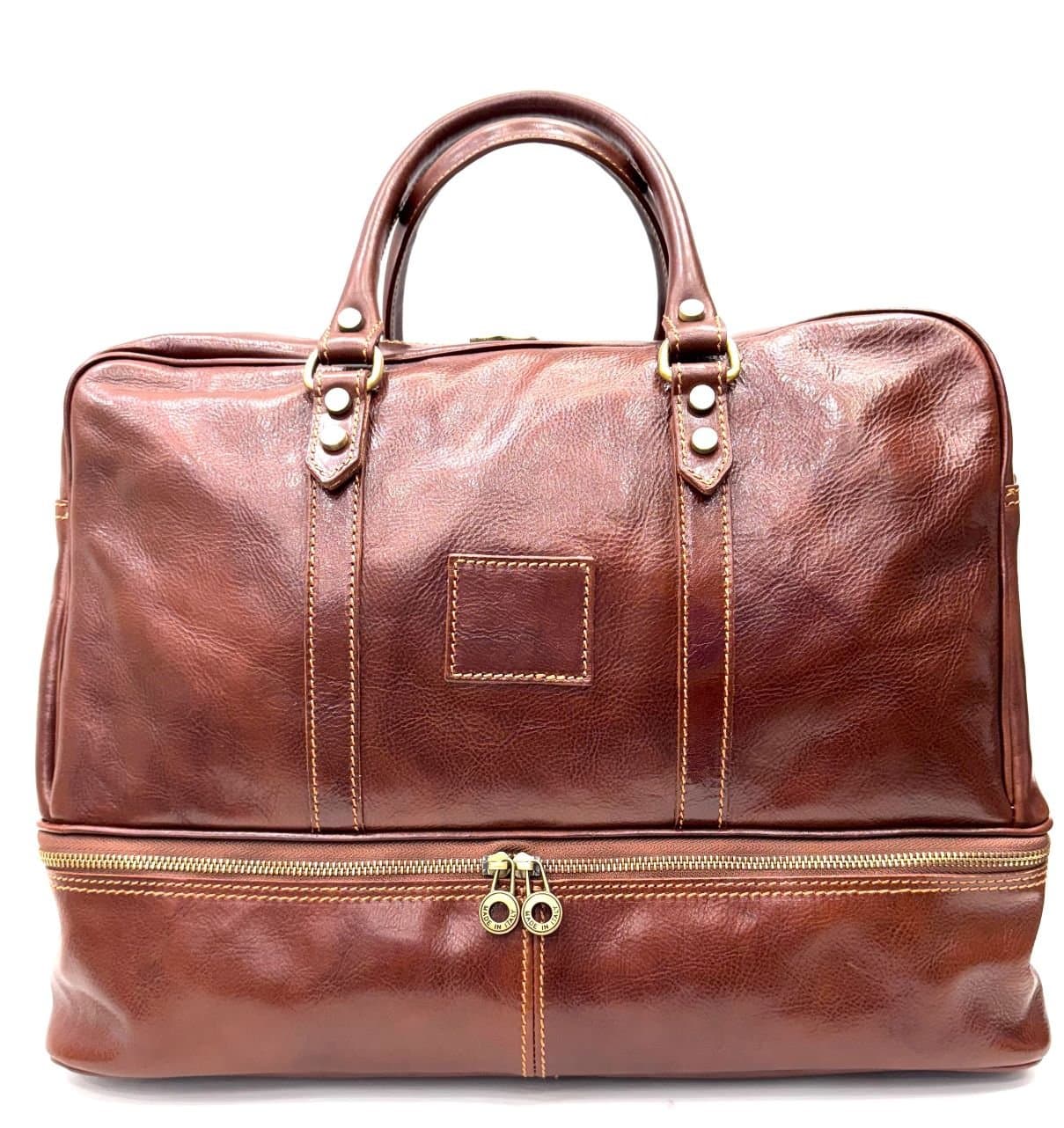 OMODEO : travel bag in buffered leather, color : BROWN, Made in Italy
