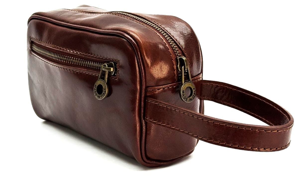 CAIT men's wrist clutch bag in genuine leather, color BROWN, CHIAROSCURO, Made in Italy.