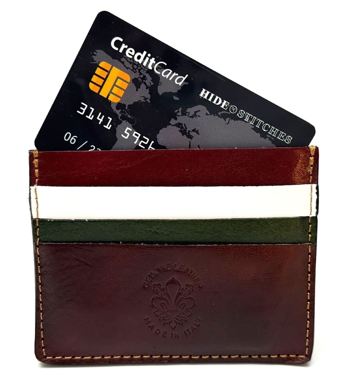 Porta tessere - carte di credito uomo / donna in vera pelle tradizionale SANTINI mod BELGIO, colore VERDE/BIANCO/ROSSO, tricolore bandiera italiana, Made in Italy.