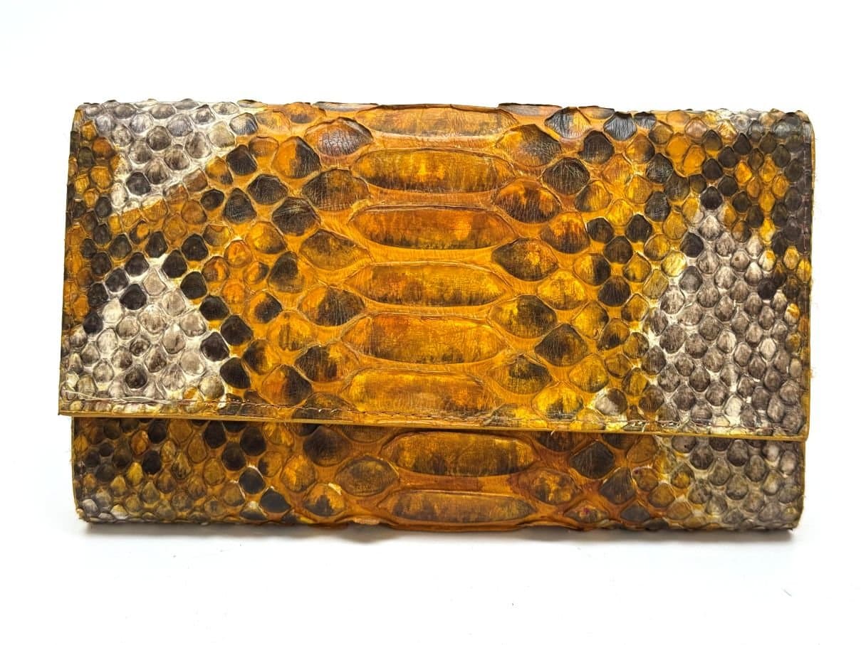 Portafoglio da donna in vera pelle di pitone PERVINCA, colore GIALLO / MARRONE, CITES, SANTINI, Made in Italy
