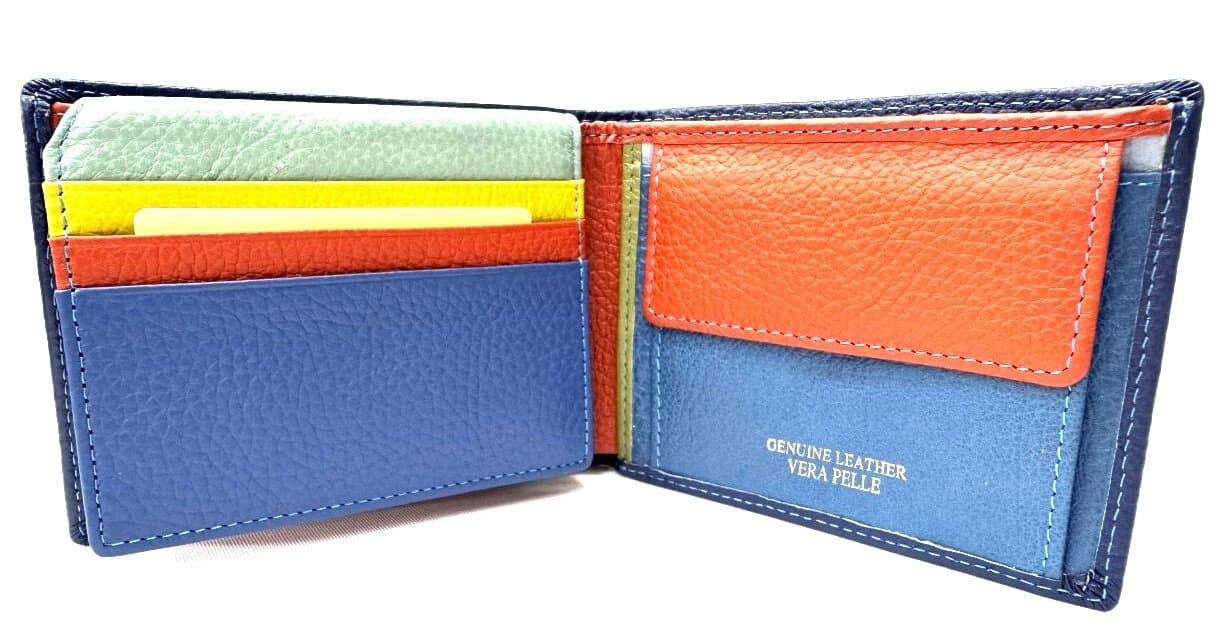 Portafoglio da uomo, in vera pelle SLOVACCHIA, colore BLU, CHIAROSCURO, Made in Italy.