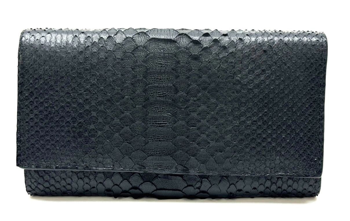 Portafoglio donna in vera pelle pitone SANTINI mod GIRASOLE colore NERO Made in Italy.