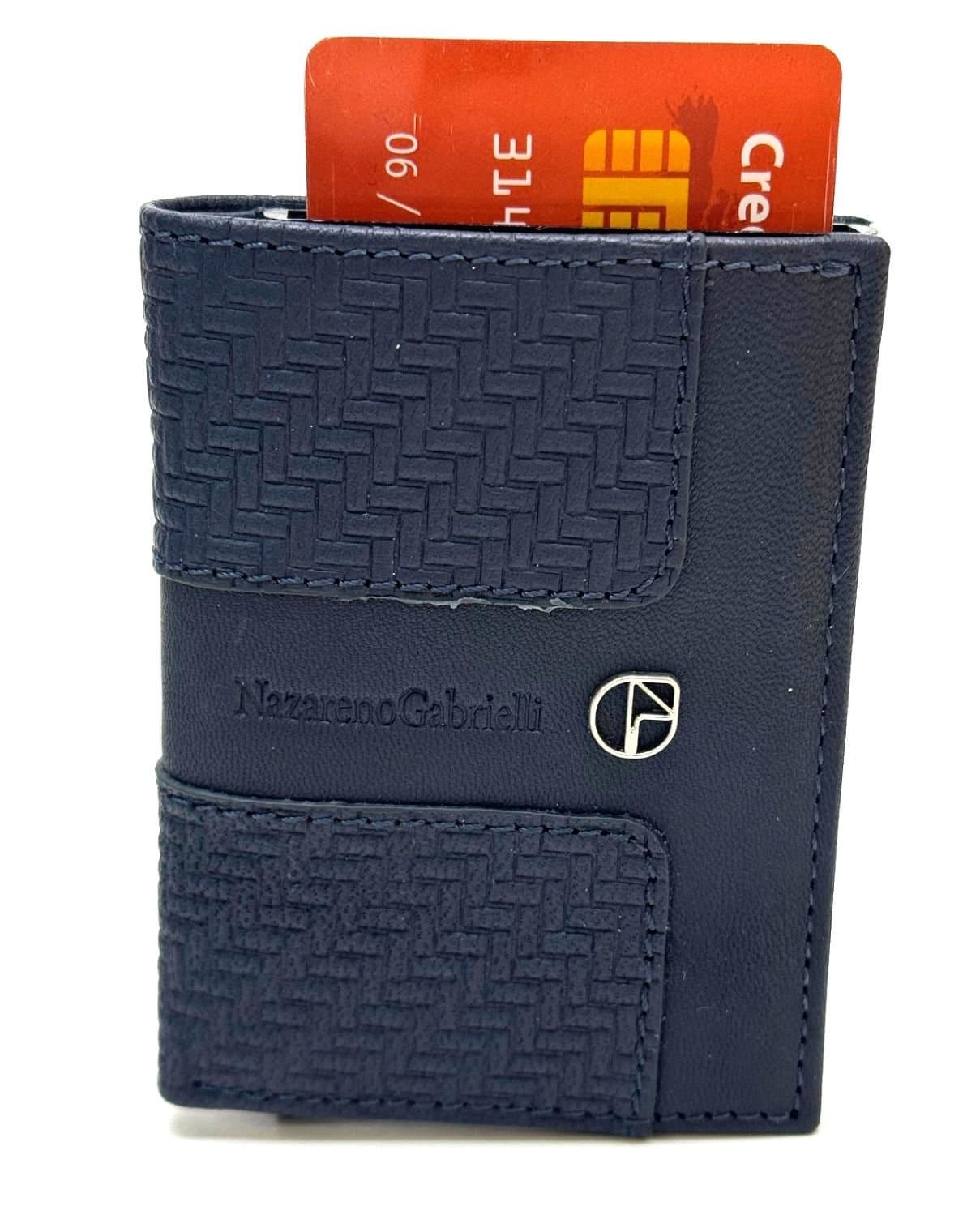 Portafoglio in vera pelle e porta carte di credito in alluminio, da uomo LAVAL con BLOCCO RFID, colore BLU, CHIAROSCURO.