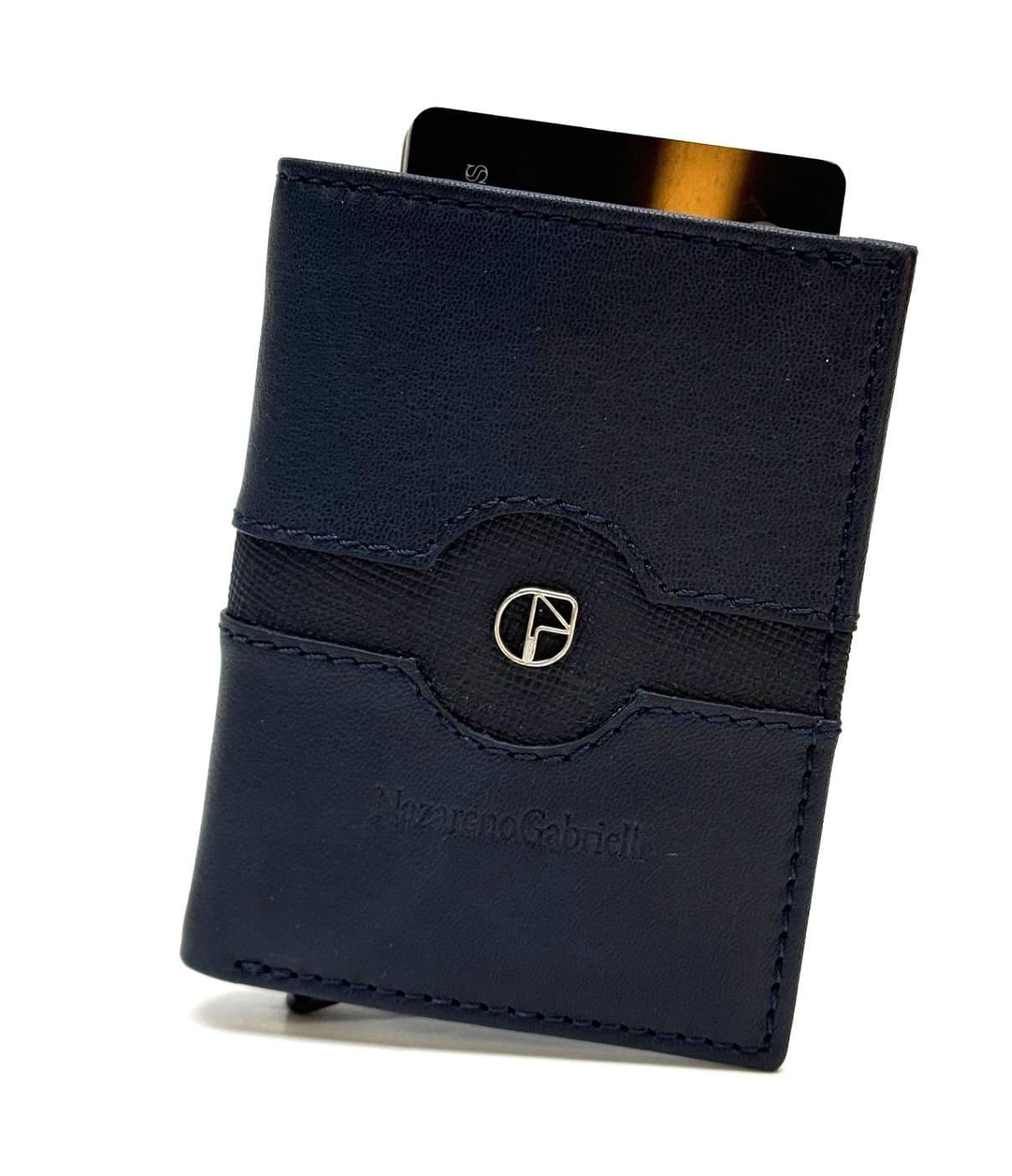 Portafoglio in vera pelle e porta carte di credito in alluminio, da uomo LAVAL con BLOCCO RFID, colore BLU, CHIAROSCURO.