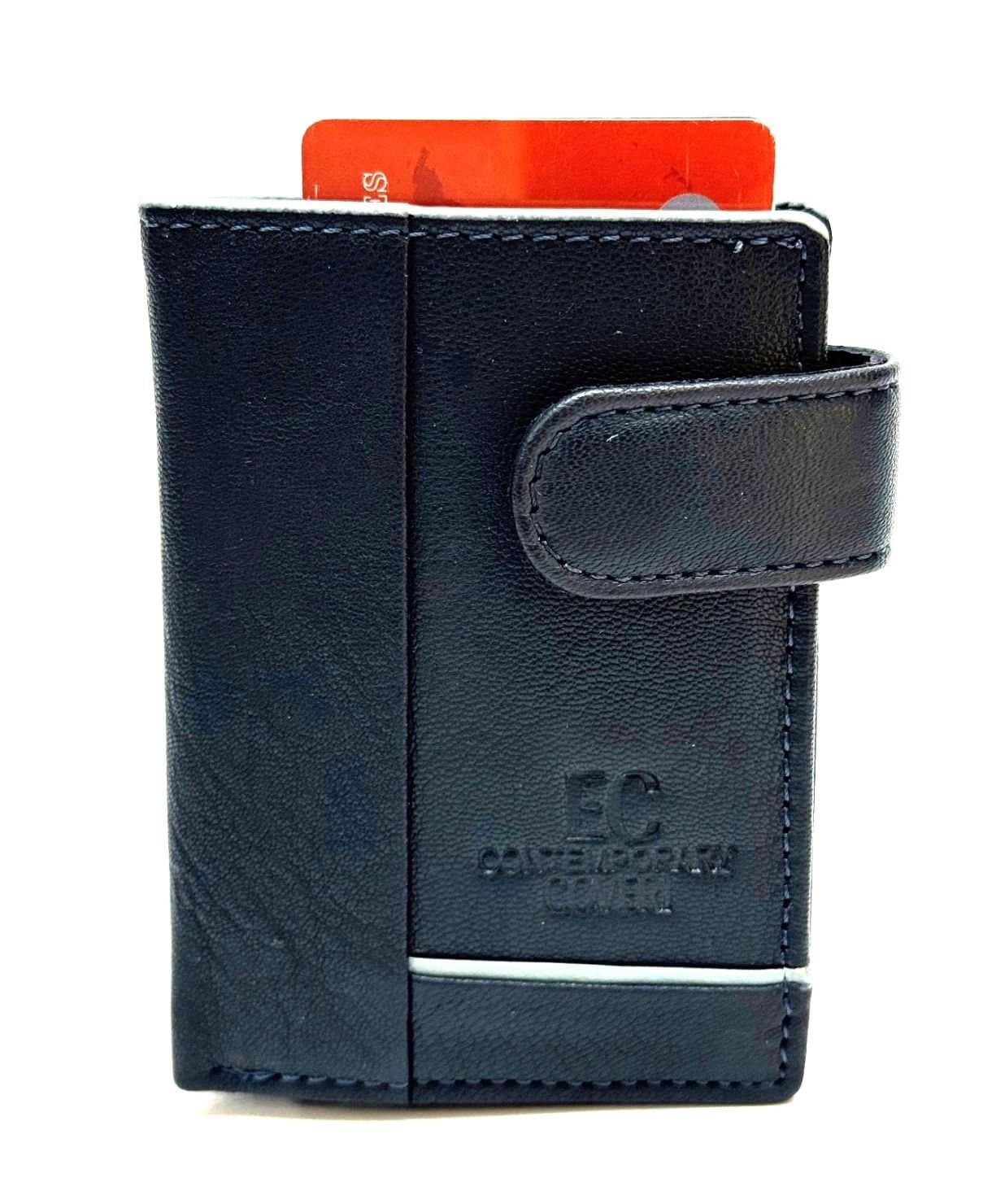 Portafoglio in vera pelle e porta carte di credito in alluminio, da uomo LAVAL con BLOCCO RFID, colore BLU, CHIAROSCURO.